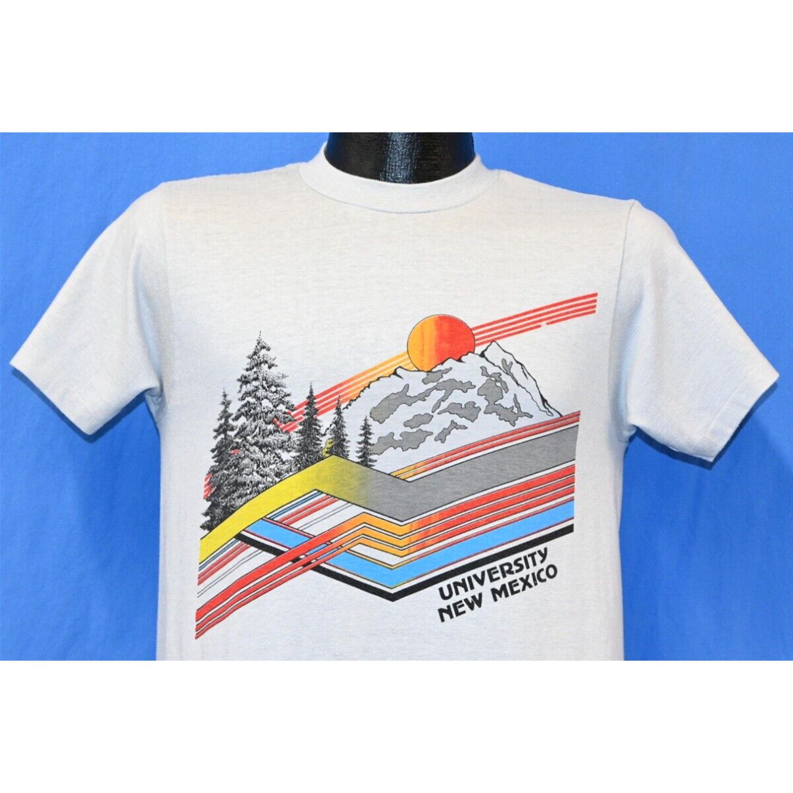 Image of Vintage 80's University New Mexico Mountain Trees Sunset Gray T-Shirt Small S in White, Men's