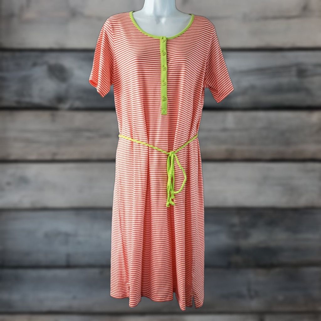 Lands' End VINTAGE Lands End Womens Dress Sz 14W Coral Pink Striped Short Sleeve Cotton Blend Size 36" / US 14 / IT 50 - 1 Thumbnail