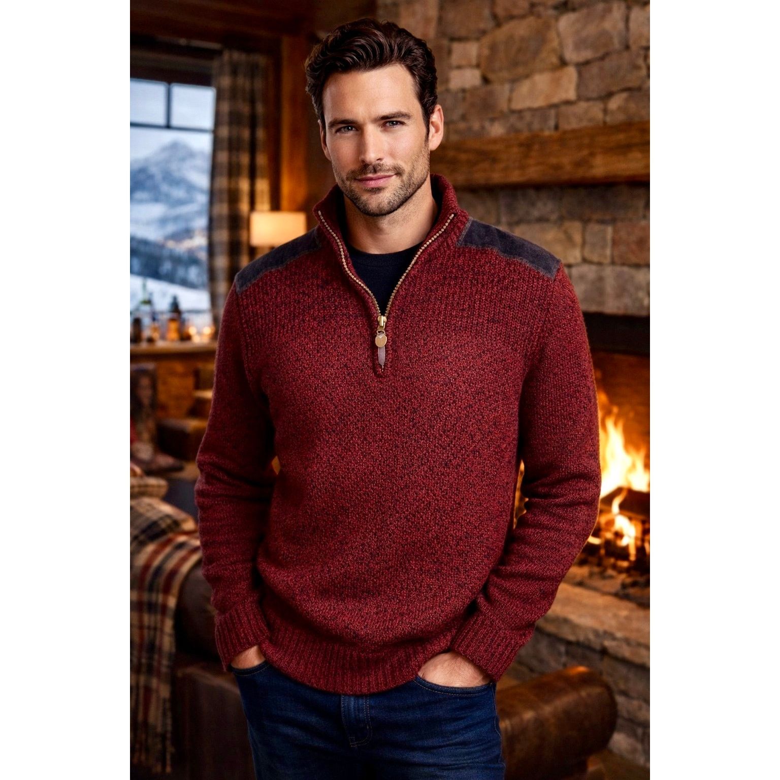 NEXT Next Men’s Birdseye Sweater Red W/Corduroy Trim Size XL Size US XL / EU 56 / 4 - 1 Thumbnail