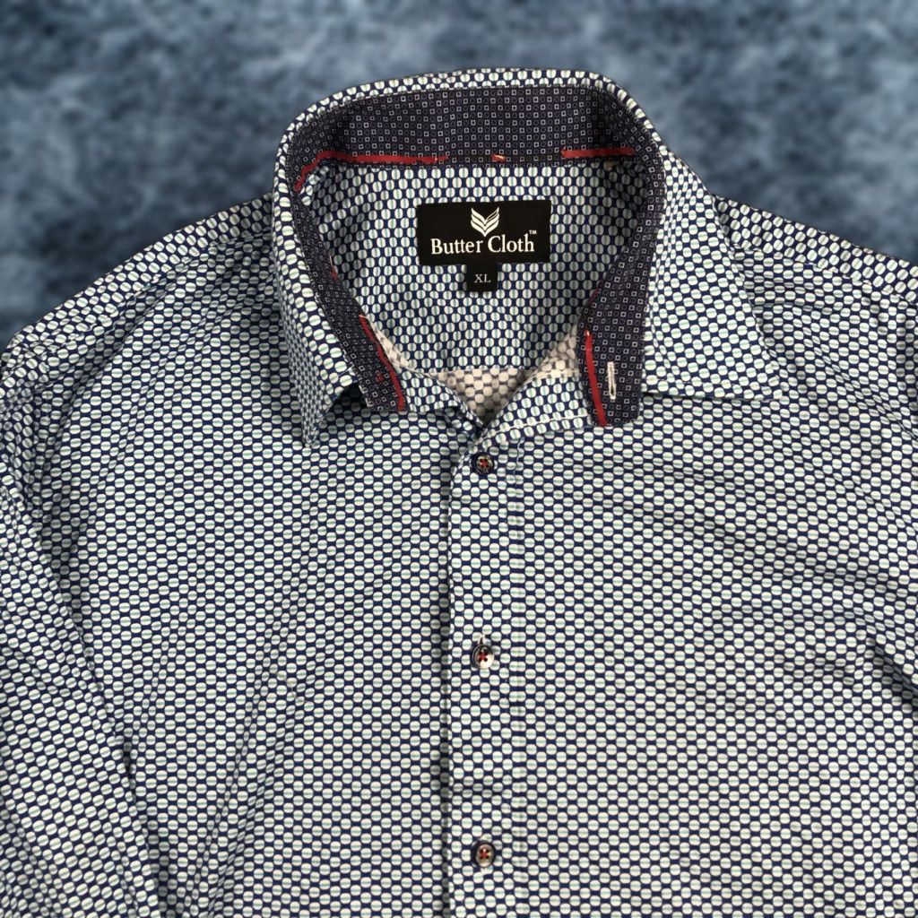 Vintage Buttercloth Mens XL Blue White Contrast Geometric Button-Up Shirt 100% Cotton Casual Long Sleeve Vintage No Size US XL / EU 56 / 4 - 1 Thumbnail