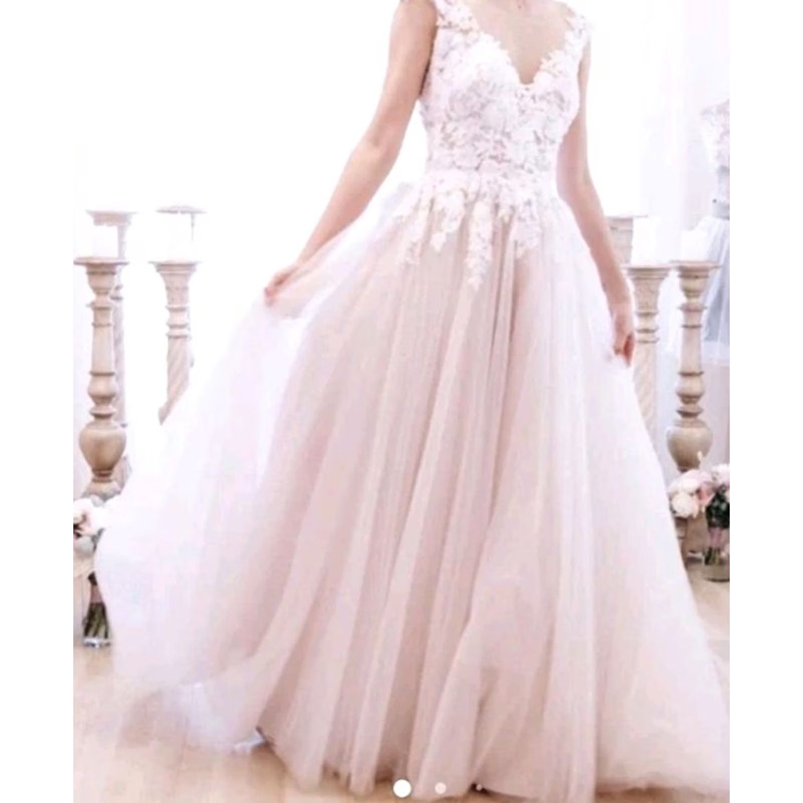 Vintage Eddy K. A-Line Lace Beaded Wedding Dress Gown Champagne Small 2 Size ONE SIZE - 7 Thumbnail