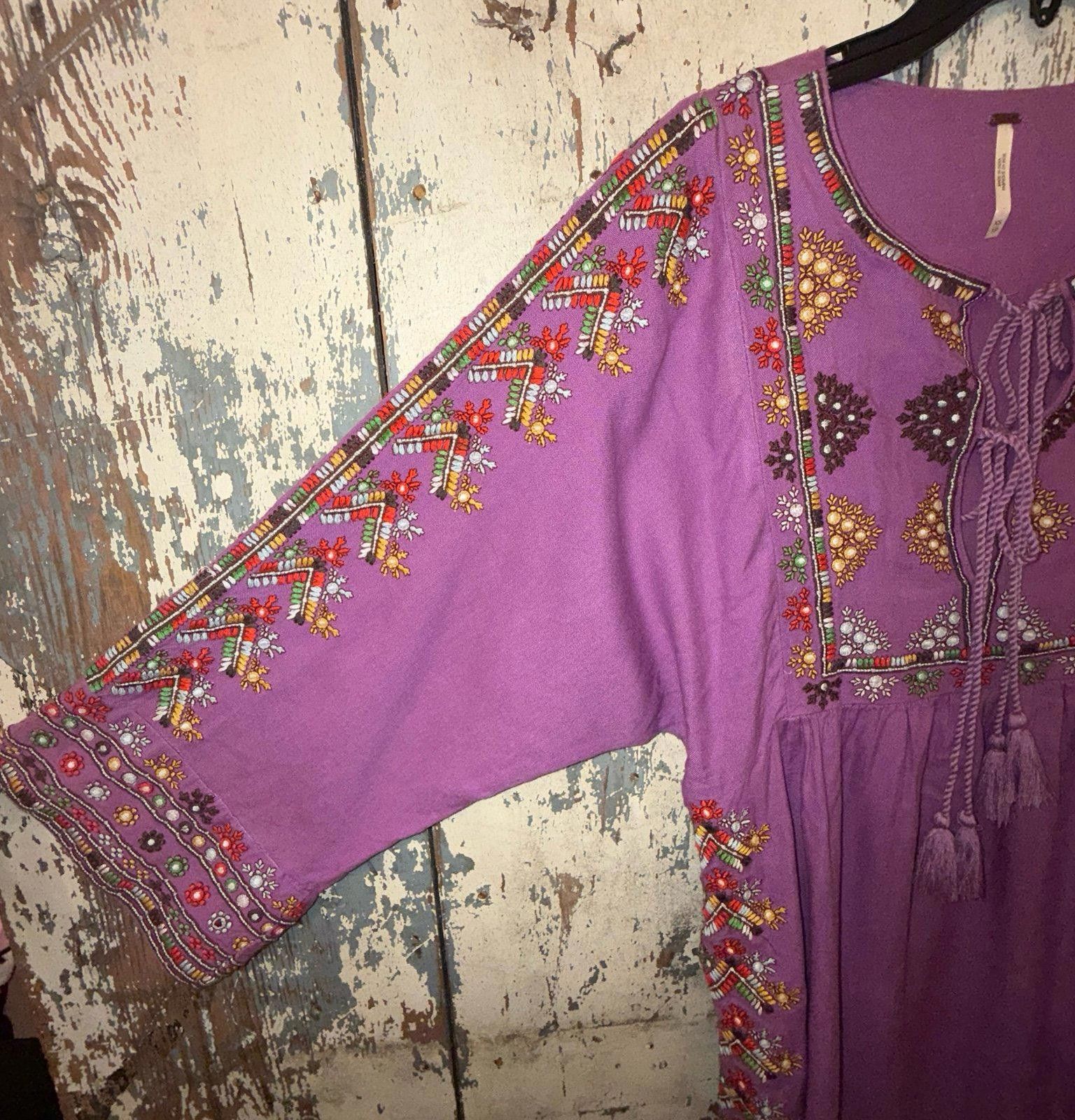 Free People Free People Purple Embroidered Linen Dress, size XS Size XS / US 0-2 / IT 36-38 - 3 Thumbnail