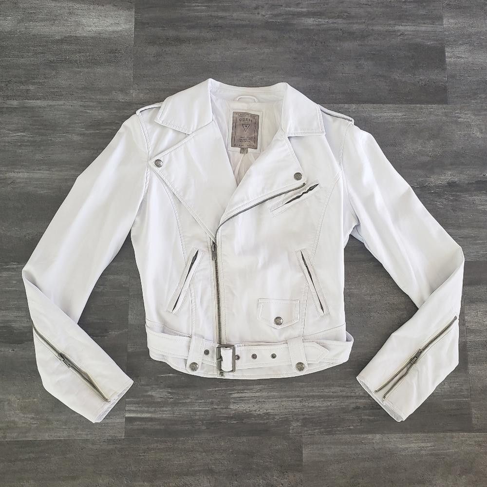 Guess White Classic Motorcycle Crop Jacket w/Belt Size S / US 4 / IT 40 - 4 Thumbnail