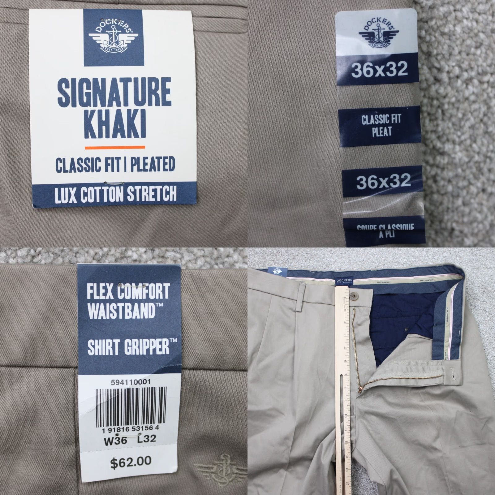Dockers Dockers Pants Mens 36x32 Beige Signature Khaki Classic Fit Pleated Stretch NWT Size US 36 / EU 52 - 8 Thumbnail