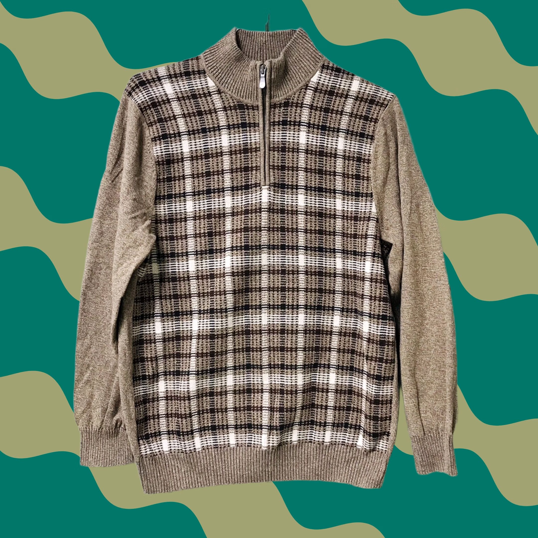 Joseph Abboud Joseph Abboud Men Sweater 1/4 Zip Cotton Knit Brown Plaid Pullover L Mock Neck Size US L / EU 52-54 / 3 - 1 Thumbnail