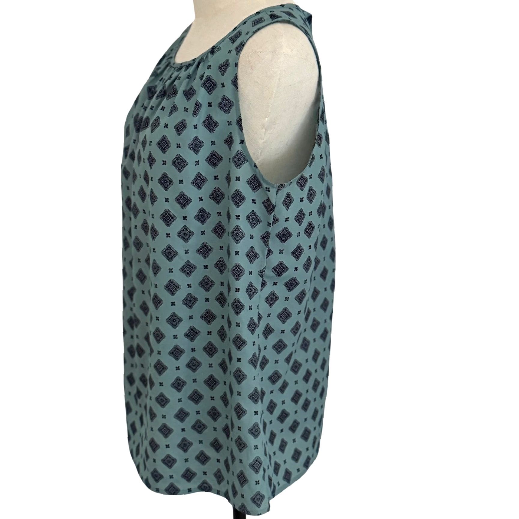 Loft LOFT Womens Tank Top Geometric Pleated Navy Green Office Workwear Casual Modern Shirt Adult M Sleeveless Blouse Size M / US 6-8 / IT 42-44 - 2 Thumbnail