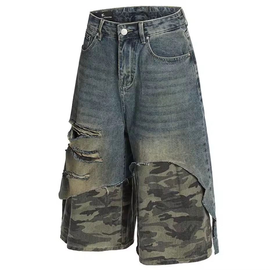 Other Patchwork Camouflage Hole Loose Jeans Retro Shorts Size US 33 - 2 Thumbnail