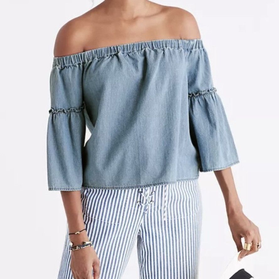 Madewell Madewell Blue Denim Azalea Off-the-Shoulder Chambray Top Size M / US 6-8 / IT 42-44 - 1 Thumbnail