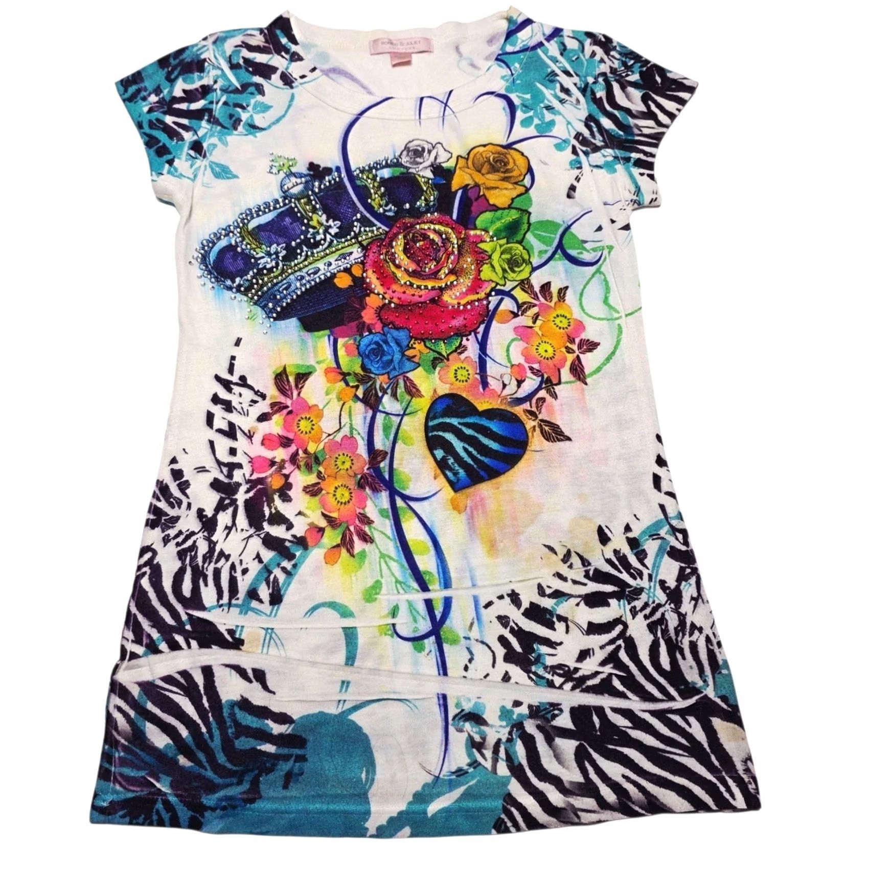Vintage Romeo & Juliet Couture Embellished Shirt Women's Small Y2K Graphic USA Flowers Shirt Adult Womens S Crew Neck Short Sleeve Rhinestone Leopard Size S / US 4 / IT 40 - 2 Thumbnail