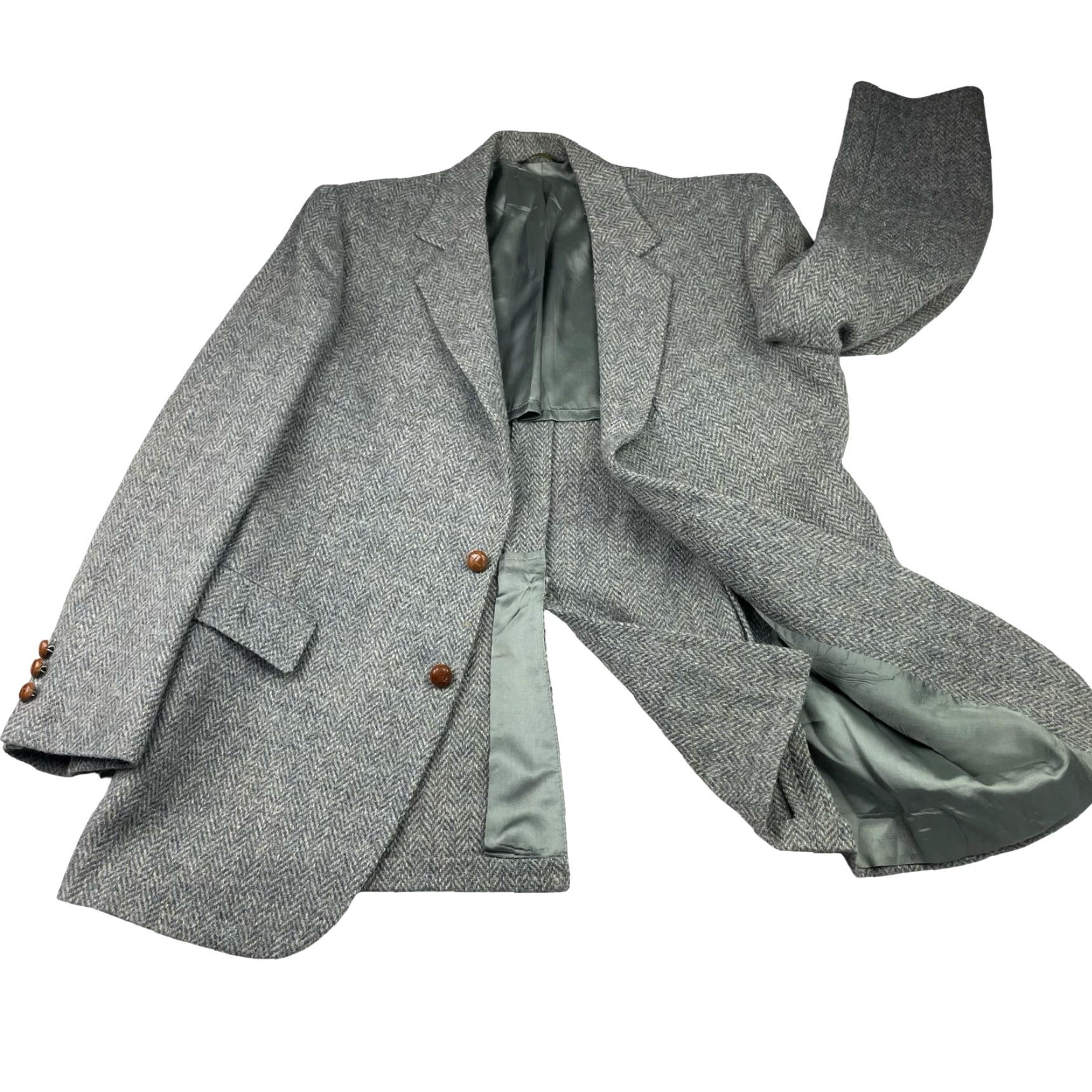 Vintage VINTAGE Nate Friedman Blazer Men 42R Tweed Wool Herringbone Gray Blue Beige 2-Button Notch Lapel Campaign/Business Casual Mens Size 42R - 3 Thumbnail