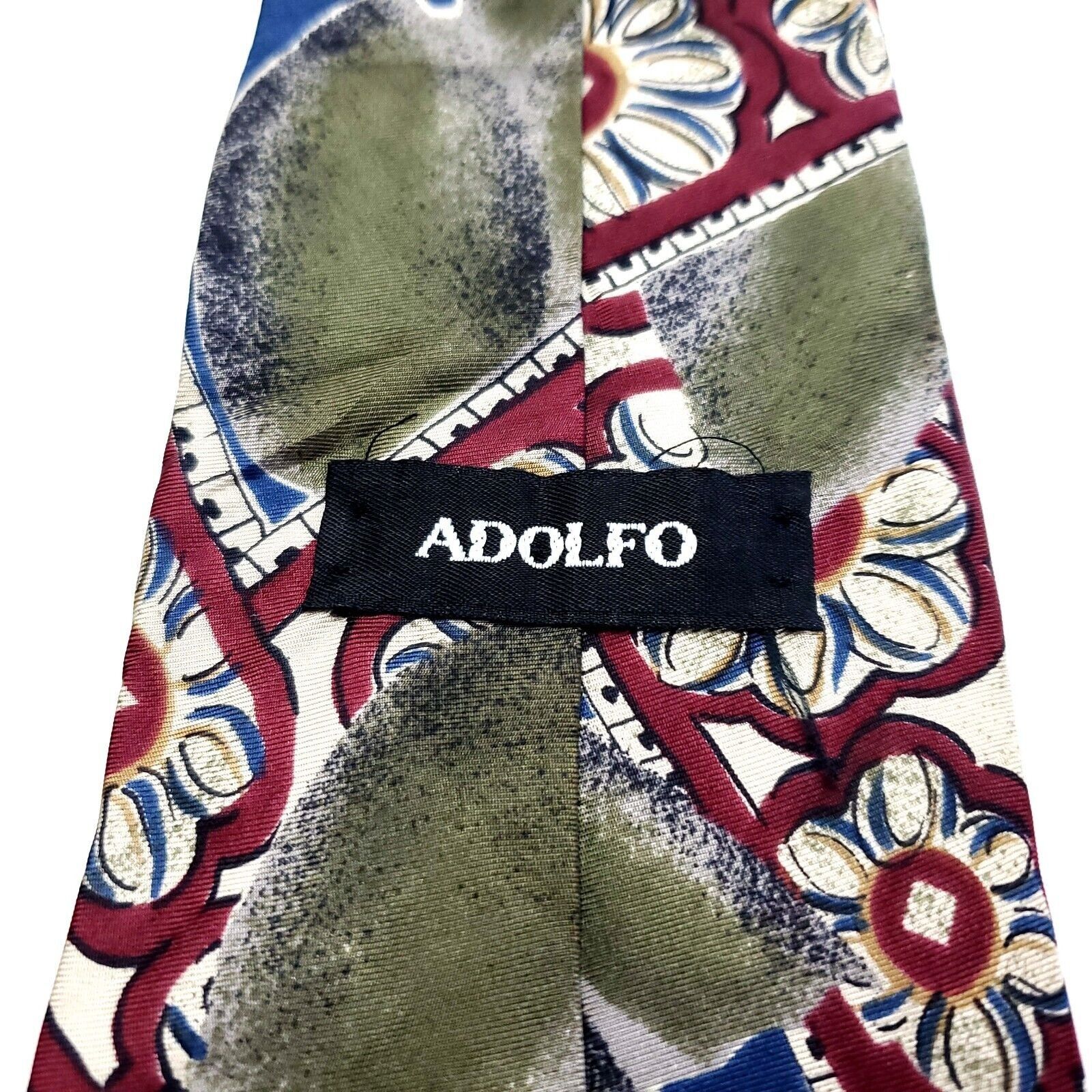 Vintage Adolfo Silk Tie Print Green Blue Floral Short Size ONE SIZE - 3 Thumbnail