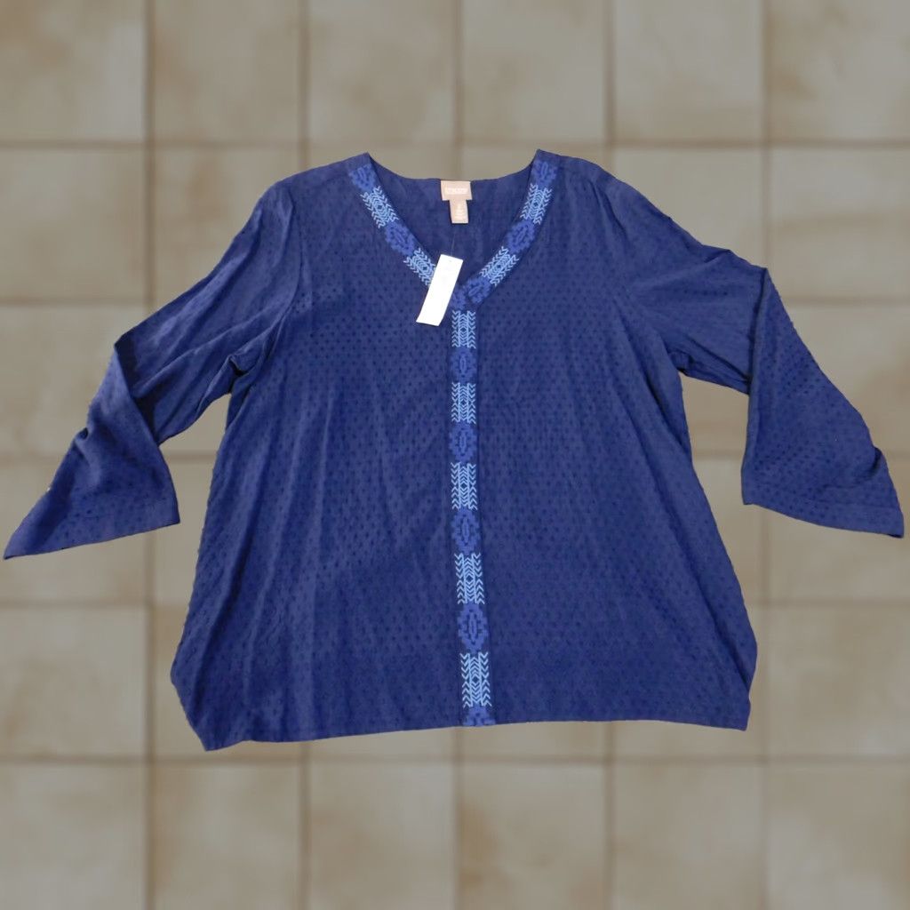 Vintage Chico's Shirt Womens 2 Midnight Blue Bell Sleeve Trimmed Popover 3/4 Sleeve Size XS / US 0-2 / IT 36-38 - 1 Thumbnail