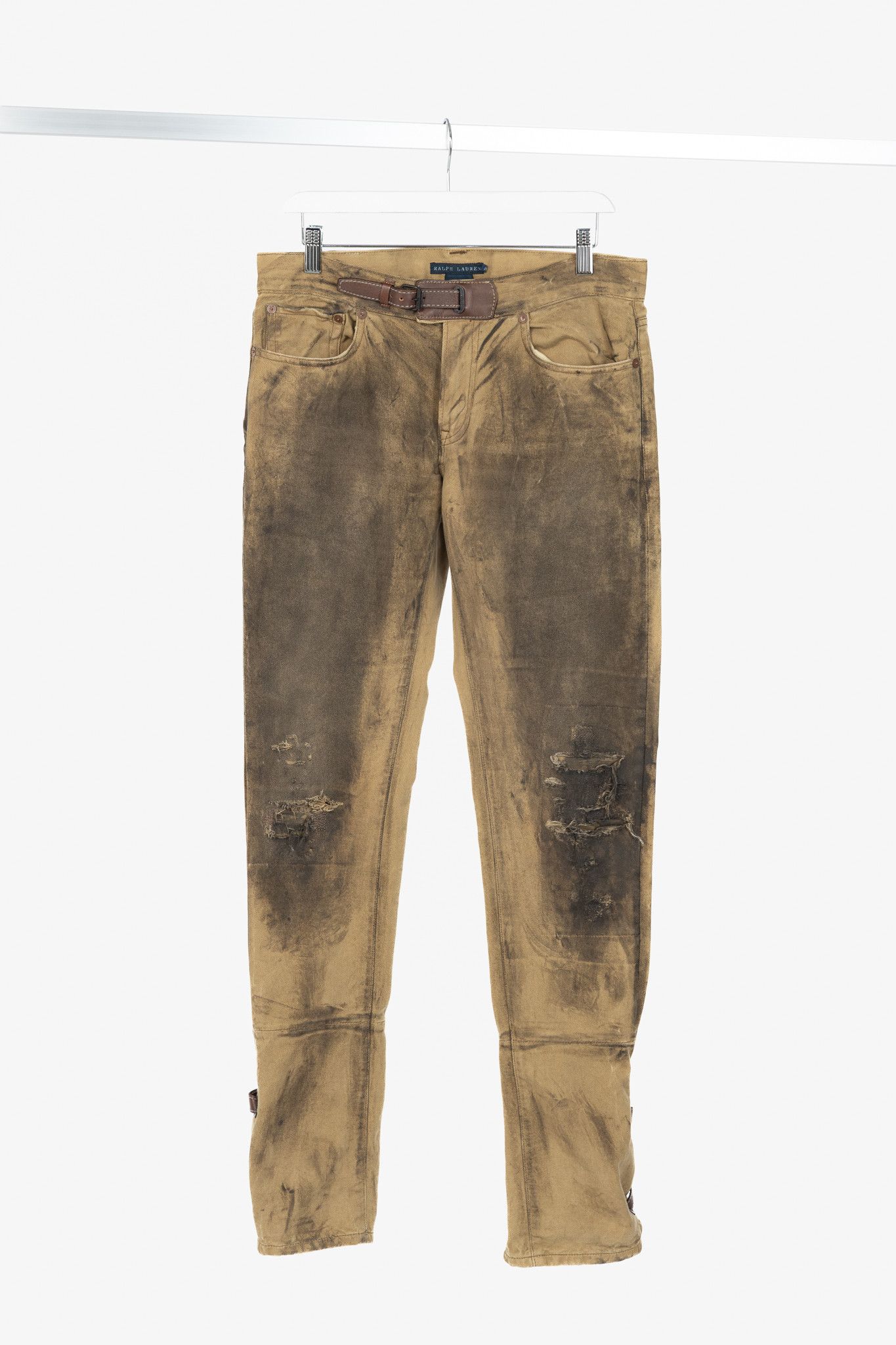 Ralph Lauren Tan Distressed Cotton Leather-Trim Jeans