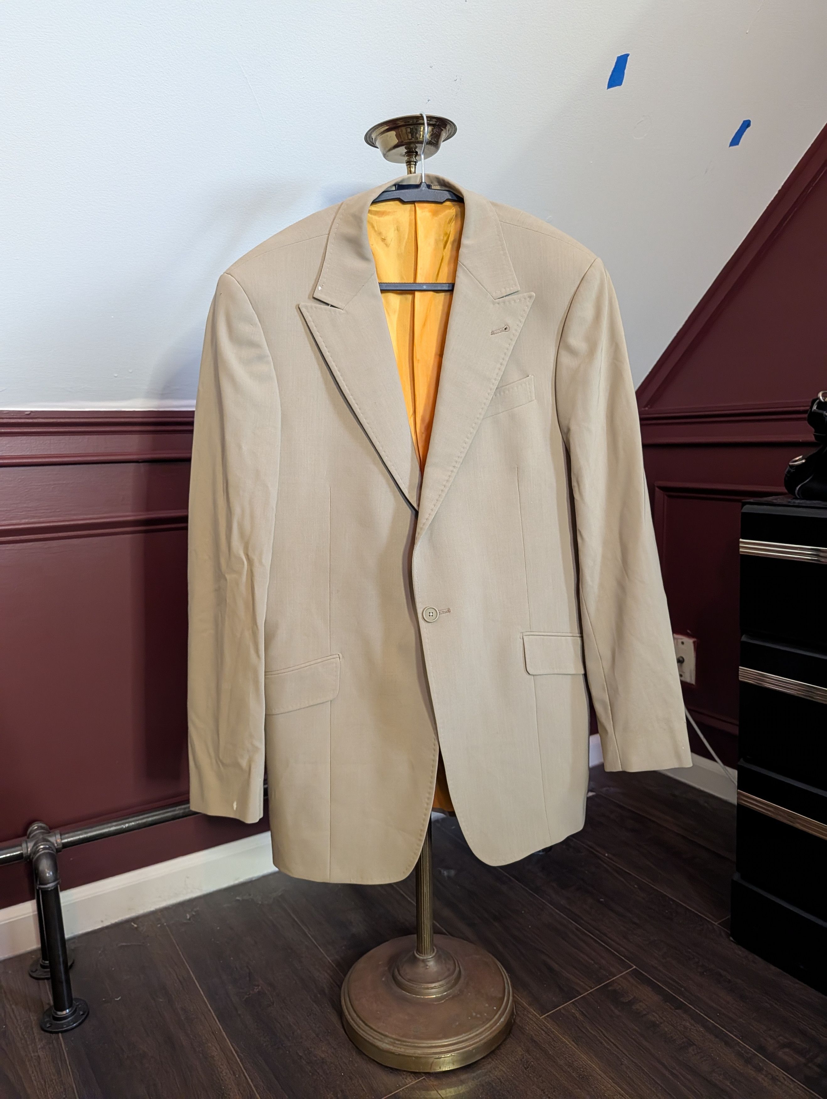 Handmade SANFORD BRYANT bespoke peak lapel high twist tan jkt Size 40R - 1 Thumbnail
