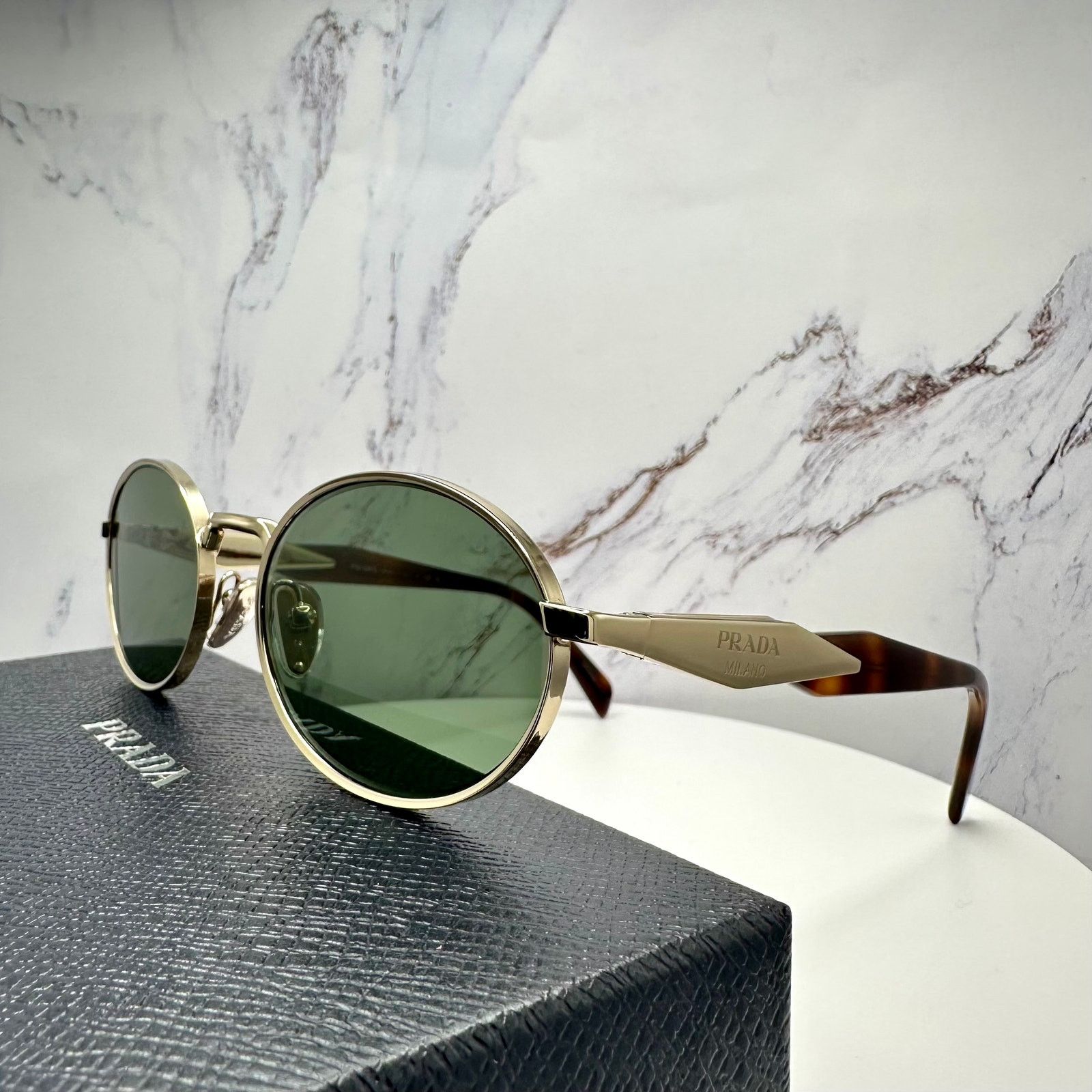NEW PRADA Sunglasses Gold Metal Oval PR65ZS Green Lens