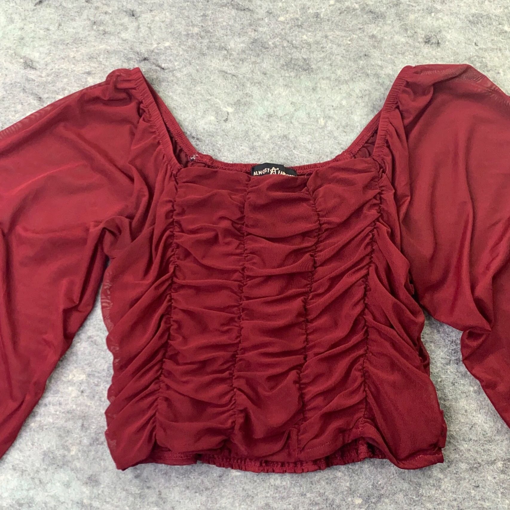 Almost Famous VINTAGE Almost Famous Womens Shirt XL Red Ruched Balloon Sleeve Cropped Off The Shoulder Size XL / US 12-14 / IT 48-50 - 2 Thumbnail
