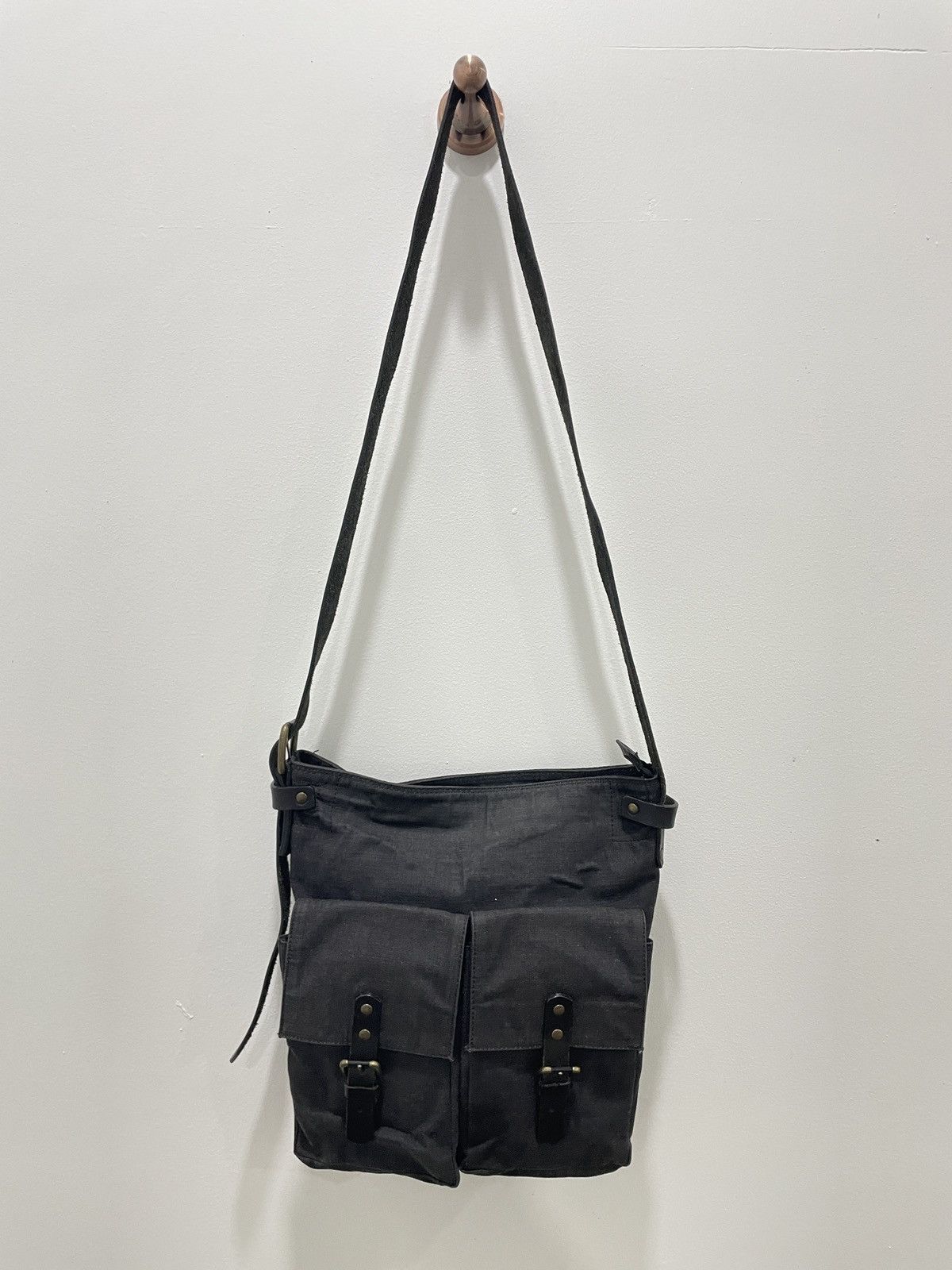 Dries Van Noten Black Canvas Leather Double Pocket Bag Military Style Size ONE SIZE - 1 Thumbnail