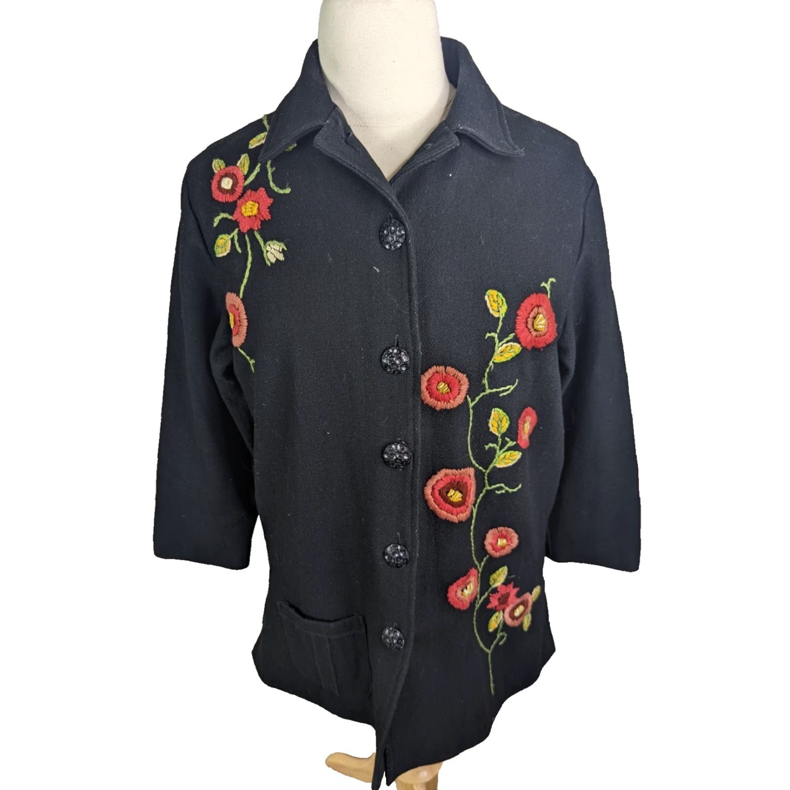 Vintage VINTAGE Parsley & Sage Women's XL Pea Coat Jacket Black Wool Floral Embroidered Coatigan Size XL / US 12-14 / IT 48-50 - 2 Thumbnail
