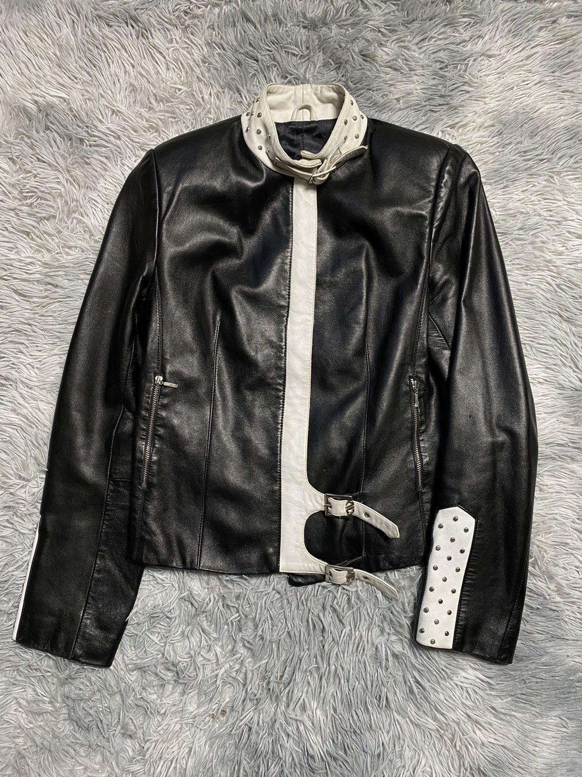 Leather × Vintage Stylish Black & White Leather Jacket - Size M Size M / US 6-8 / IT 42-44 - 2 Thumbnail