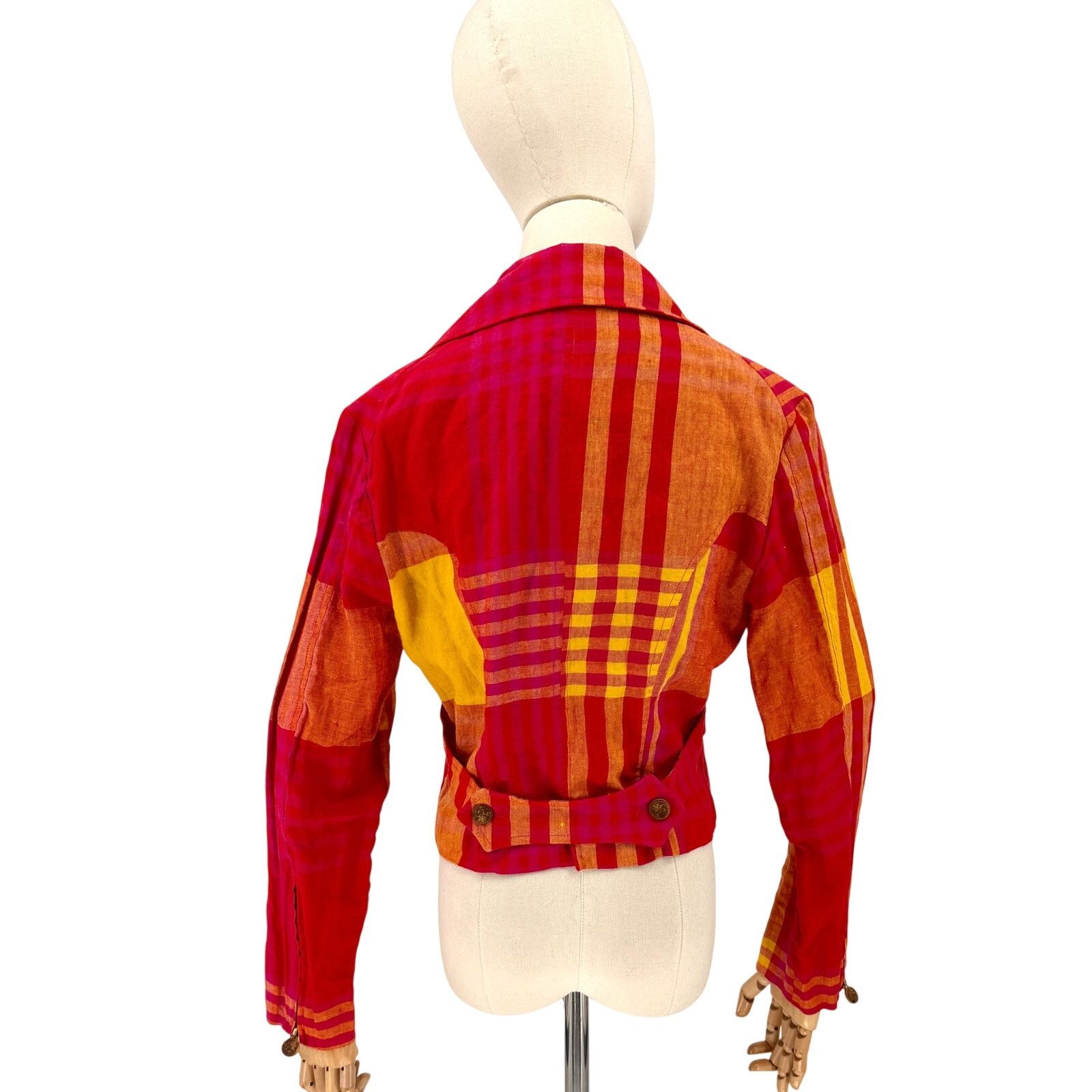 Christian Lacroix Vintage 90s Red Yellow Plaid 100% Linen Crop Jacket Size M / US 6-8 / IT 42-44 - 4 Thumbnail