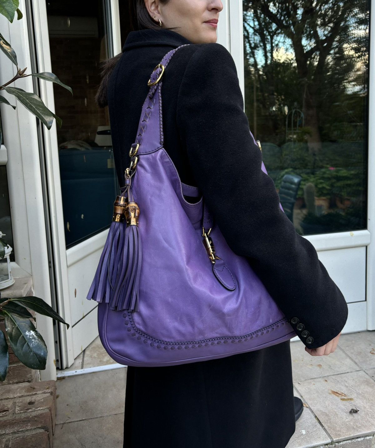 Rare Gucci Purple Leather Jackie Fringes Bamboo Shoulder Bag