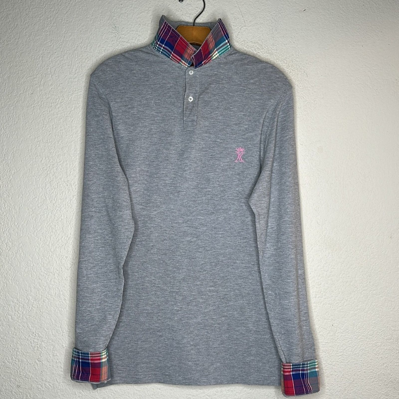 Other VICOMTE A. Grey Pink Plaid Contrast Long Sleeve Polo MED Size US M / EU 48-50 / 2 - 3 Thumbnail