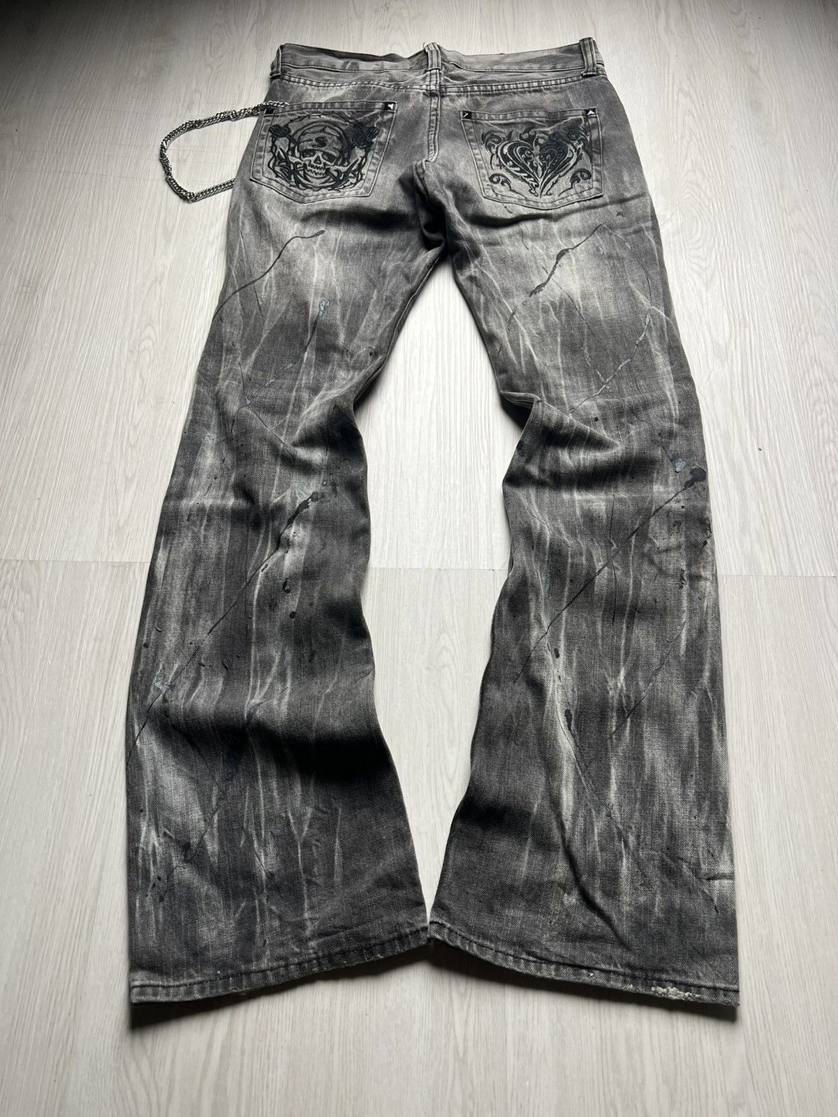 If Six Was Nine Sorridere Paint Splatter Studded Mudwash Flared Jeans Size US 31 - 2 Thumbnail