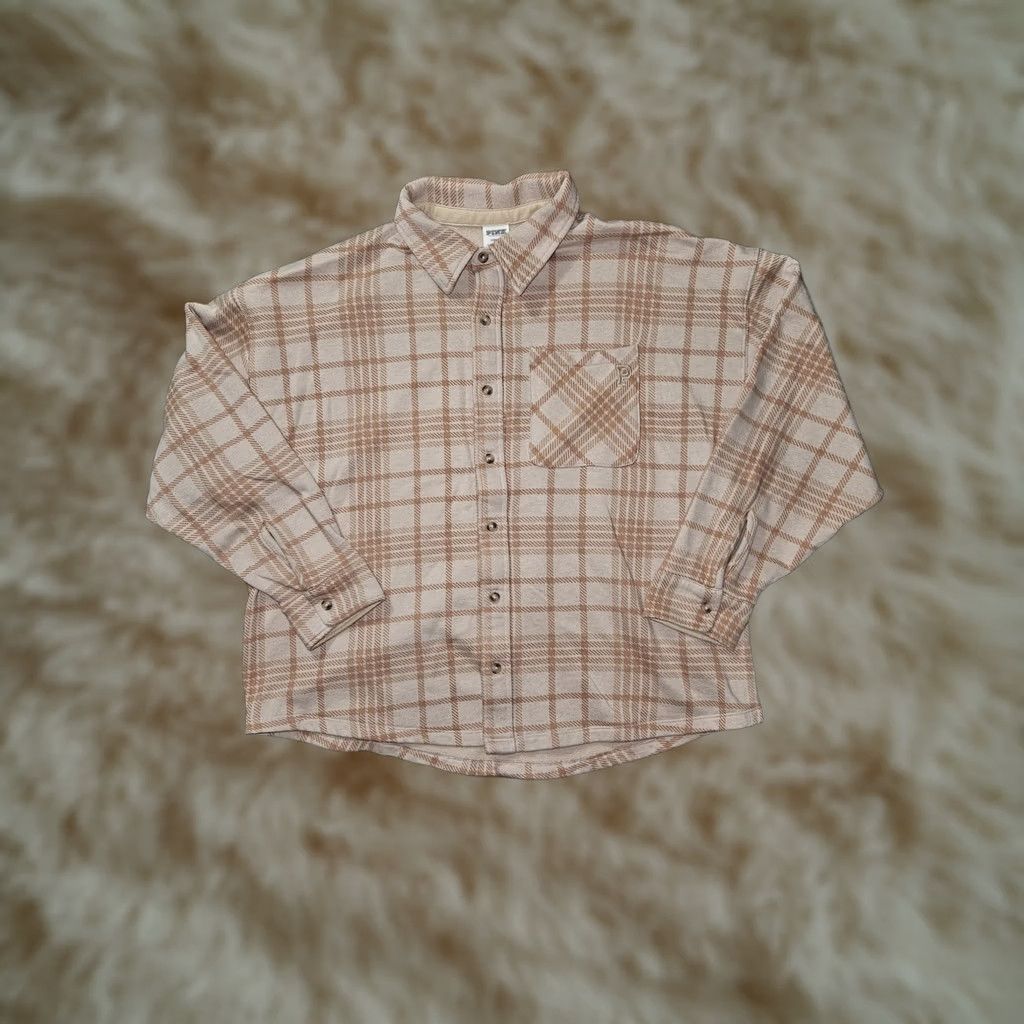 Pinko PINK Victoria's Secret Shirt Womens Large Plaid Button Up Pocket Beige Brown Cas Size L / US 10 / IT 46 - 1 Thumbnail