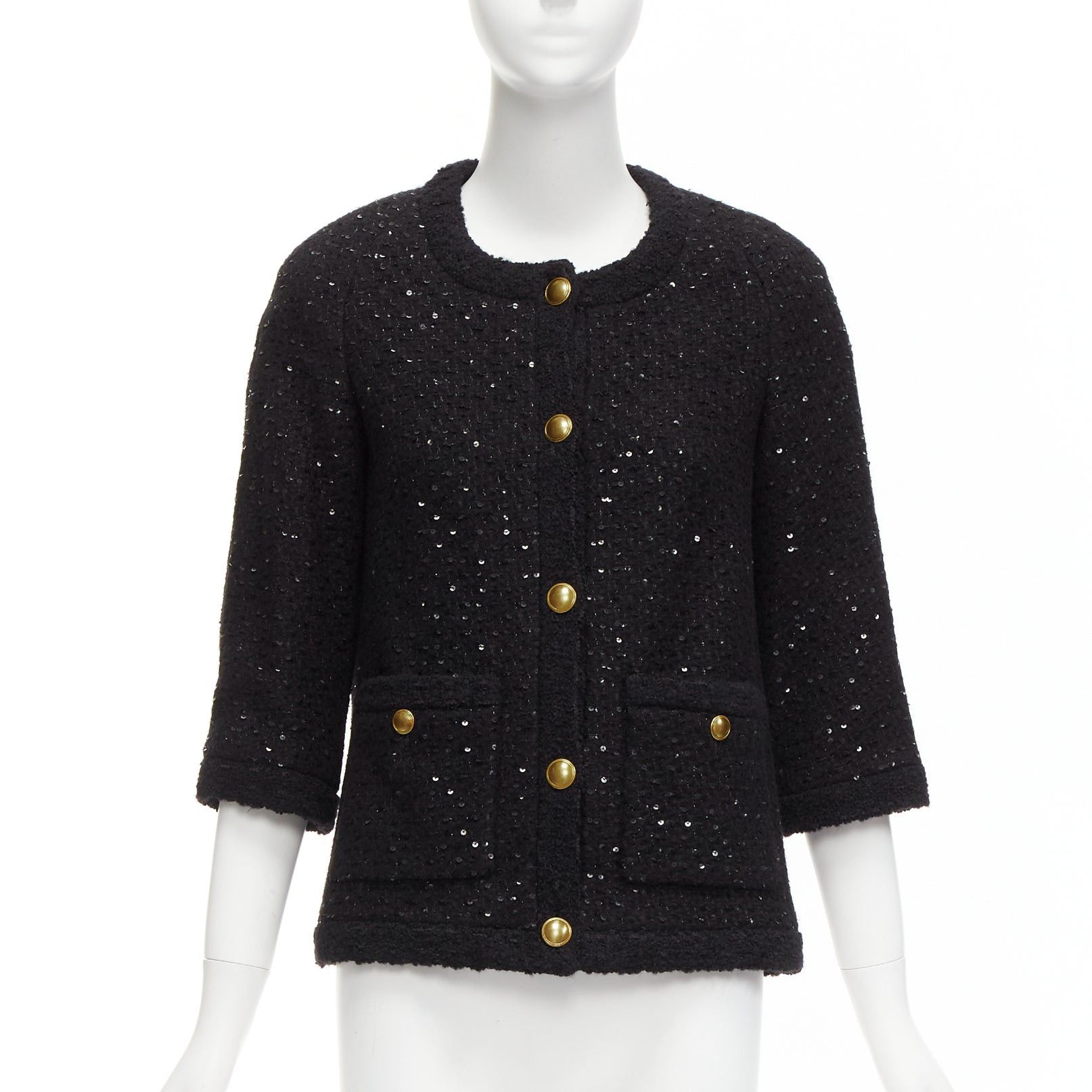 Saint Laurent Paris SAINT LAURENT 2021 black wool sequinned tweed gold button jacket FR34 XS Size XS / US 0-2 / IT 36-38 - 1 Thumbnail