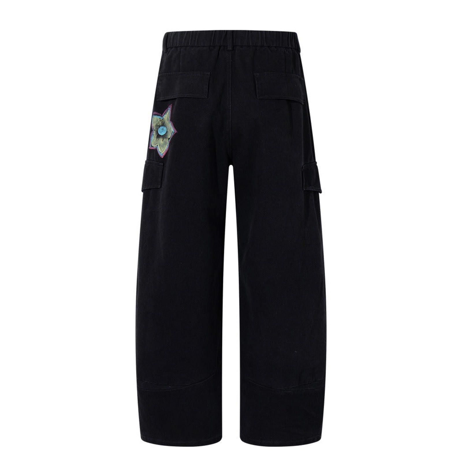 Japanese Brand Black Wide Leg Cargo Pants with Floral Patches Size US 32 / EU 48 - 2 Thumbnail