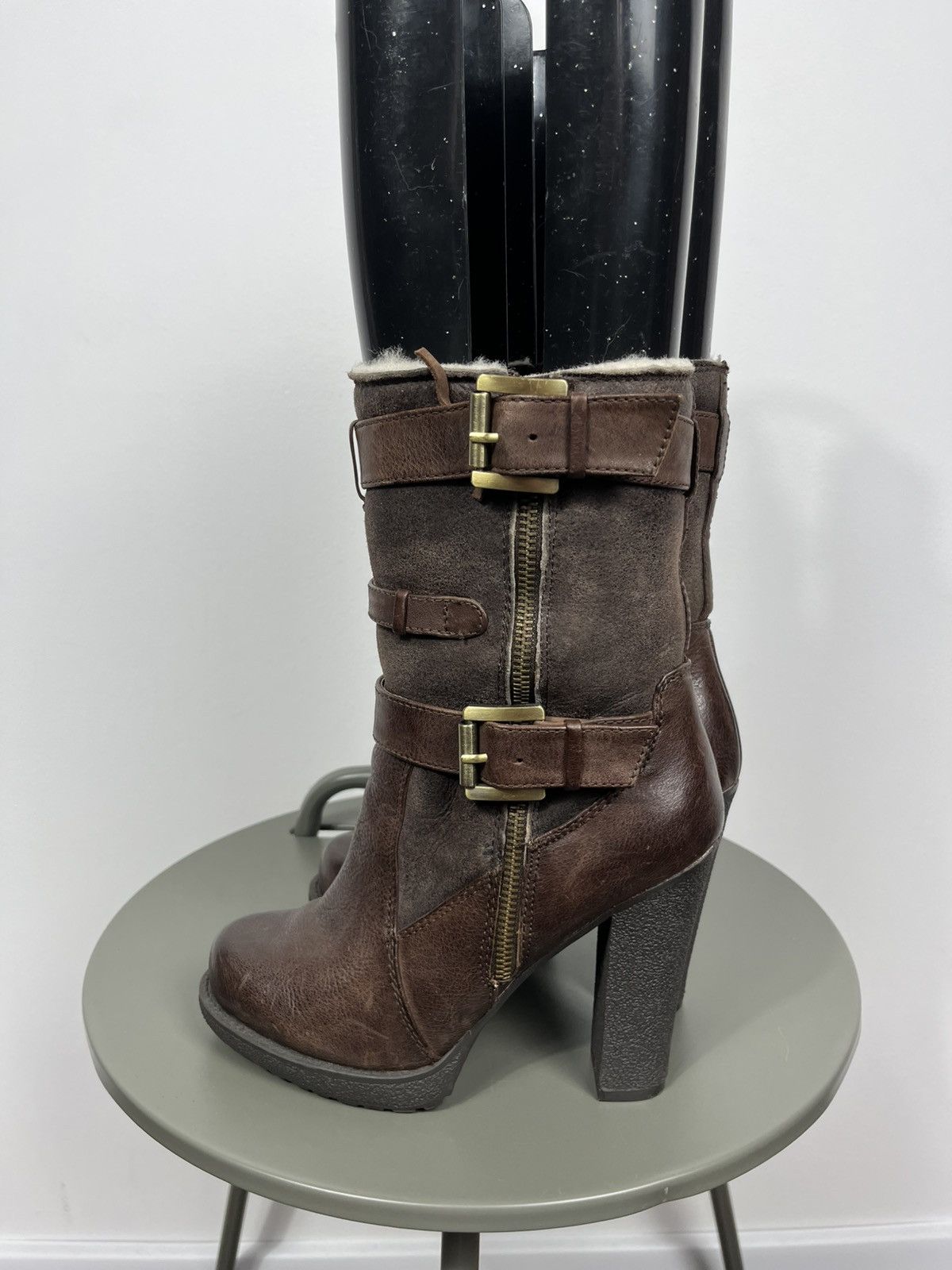Other Women Brown Leather Buckle High Heel Boots Shearling EU 38 Size US 7 / IT 37 - 7 Thumbnail