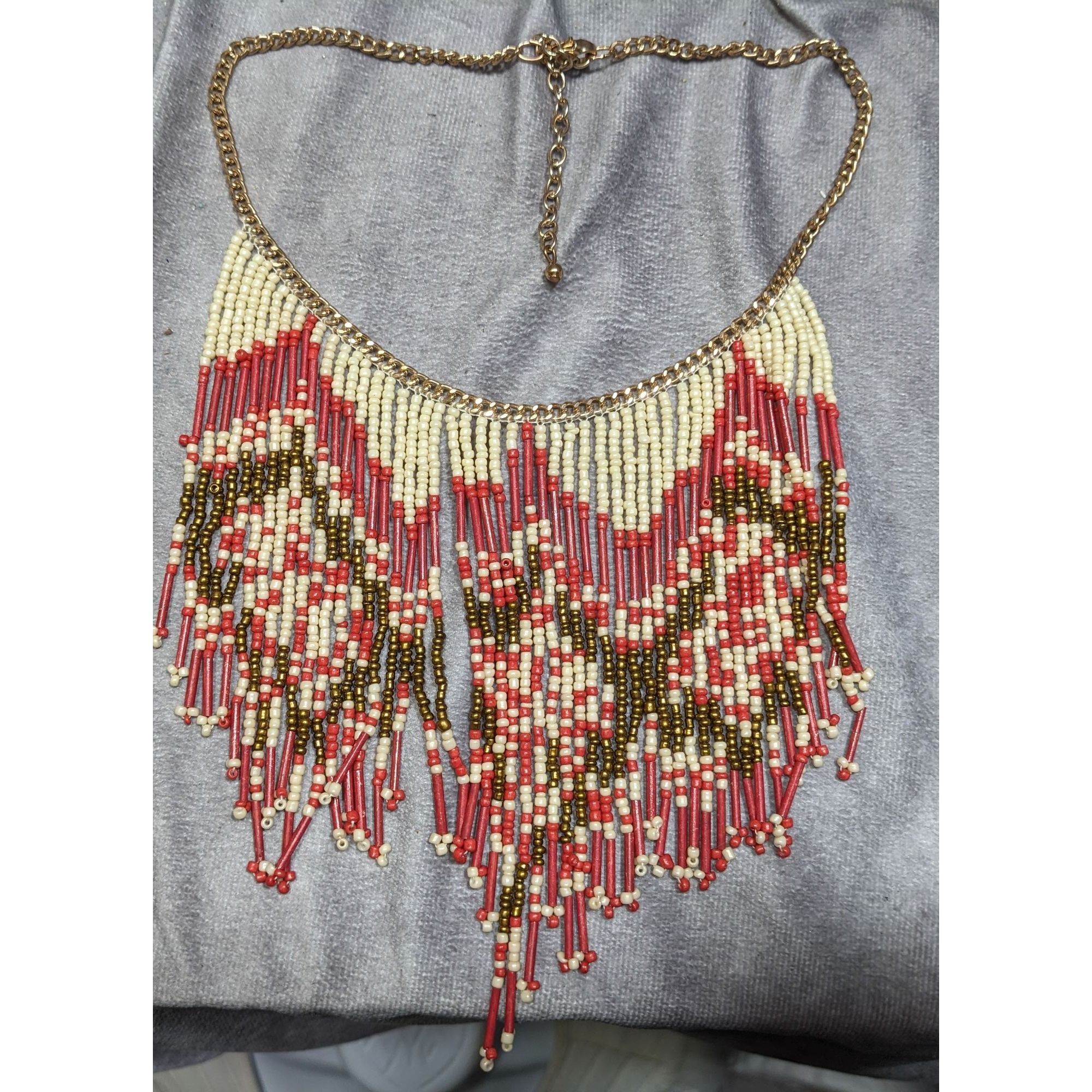 Other Bohemian Handmade Beaded Fringe Necklace In Red Cream & Gold Size ONE SIZE - 4 Thumbnail