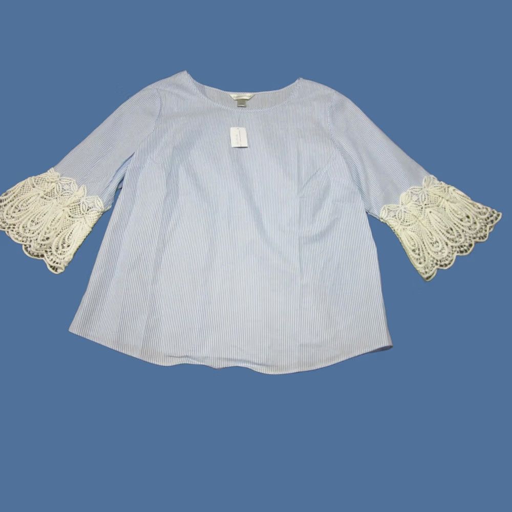 Vintage Christopher Banks Blouse Womens Large Blue Crochet 3/4 Bell Sleeve Tunic Size L / US 10 / IT 46 - 1 Thumbnail