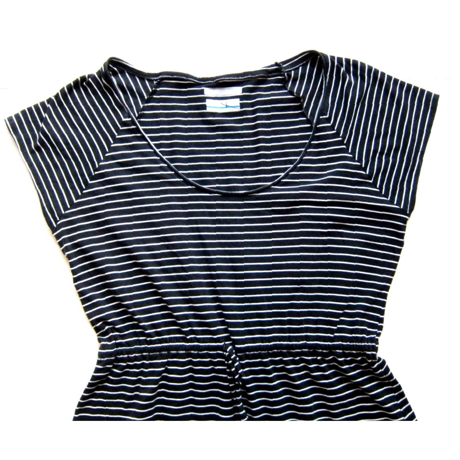 Vintage Columbia Sheath Dress Black Cap Sleeve Jersey Cotton Stretch Large White Stripe Crew Neck Size L / US 10 / IT 46 - 3 Thumbnail