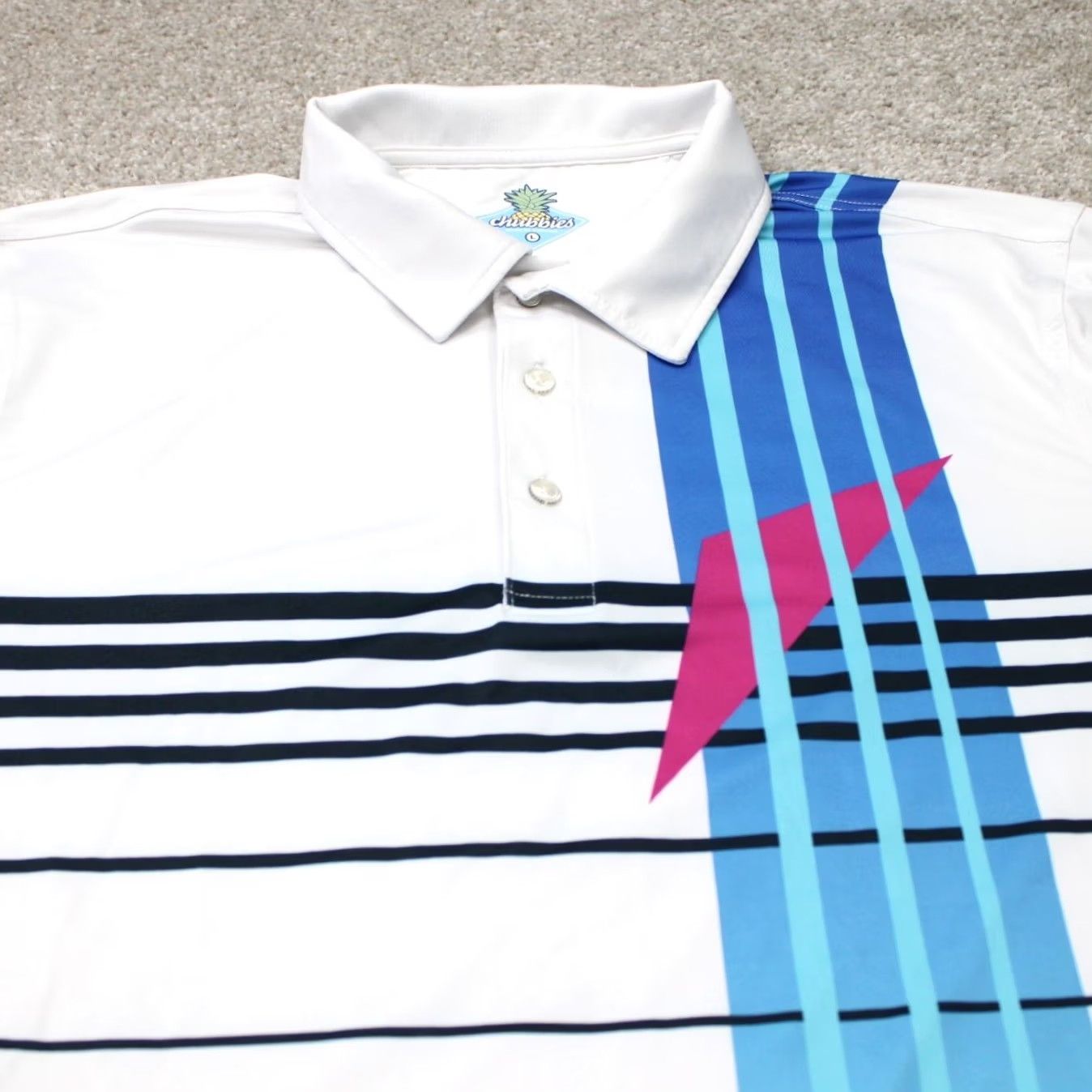 Chubbies Chubbies Polo Shirt Mens Large White/Blue Polyester Bamboo Stretch S/S Pullover Polo Shirt Ladies? Size US L / EU 52-54 / 3 - 4 Thumbnail