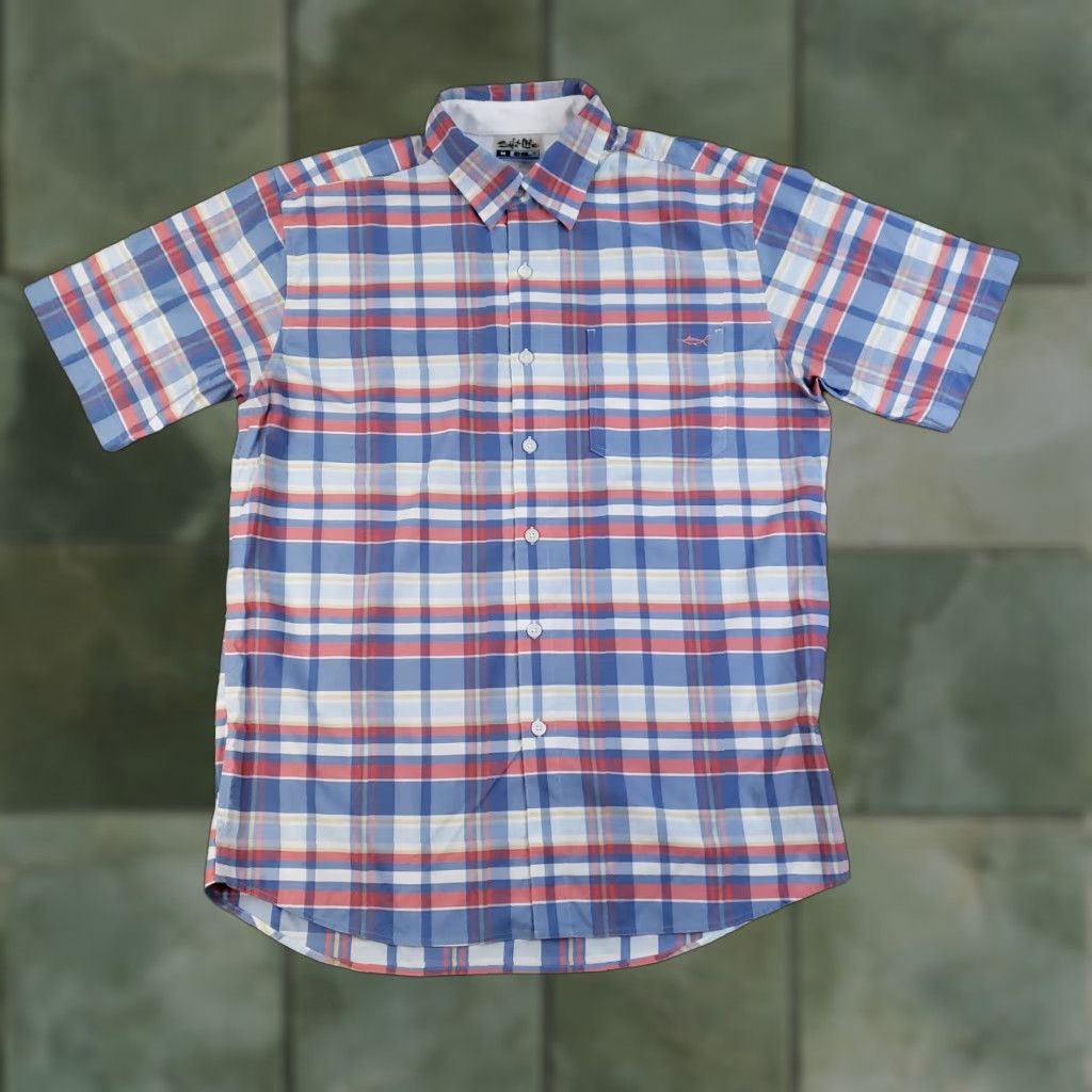 Vintage Salt Life Button-Up Shirt Mens M Blue Plaid Short Sleeve Neck Collared Lightweight Breathable Moisture Wicking Quick Dry Stretch Embroidered Fisherman Size US M / EU 48-50 / 2 - 1 Thumbnail
