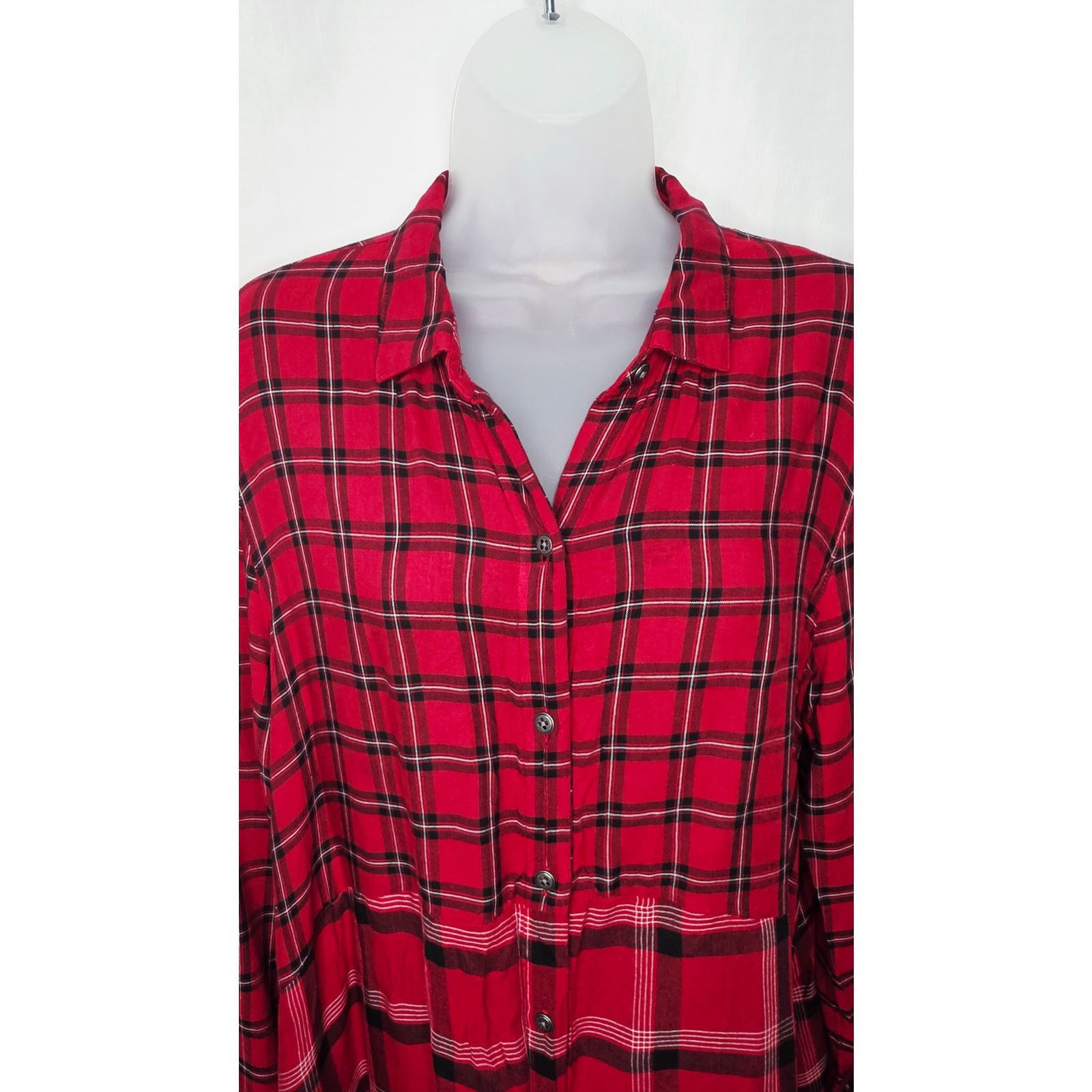 J. Jill J. Jill Women's Red Mixed Plaid Flannel Tunic Shirt Grunge Size M / US 6-8 / IT 42-44 - 3 Thumbnail