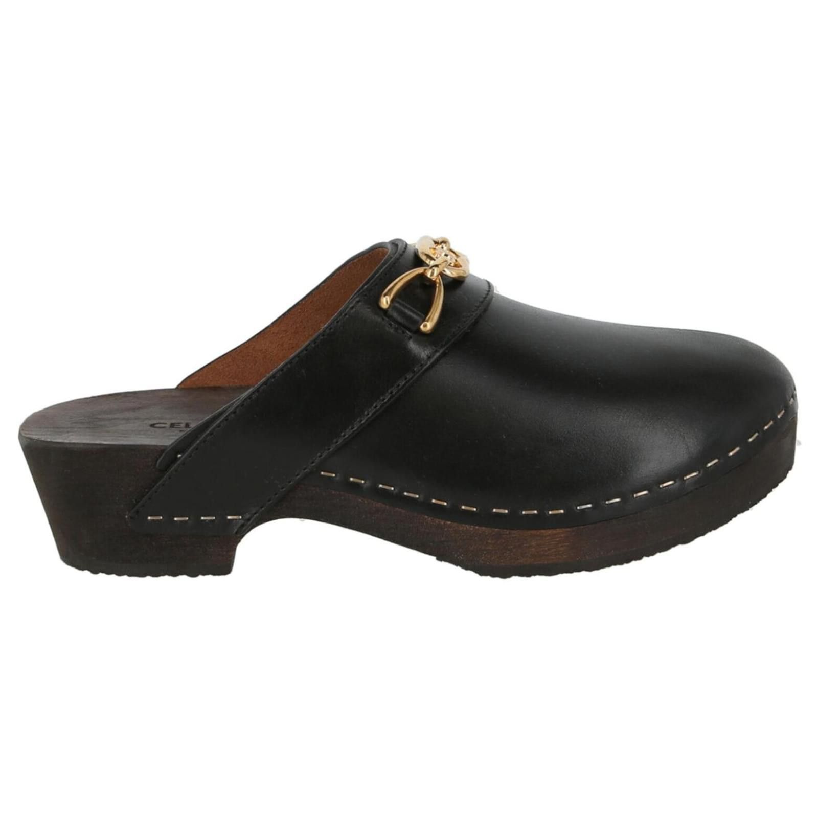 image of Celine Les Bois Calfskin Clog In Black Shoes, Women's (Size 9)