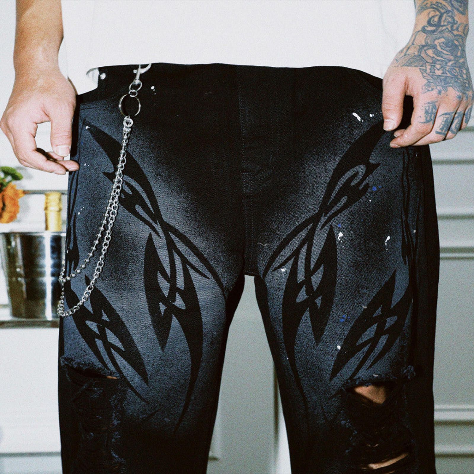 Other Black Graphic Distressed Wide Leg Jeans Size US 32 / EU 48 - 4 Thumbnail
