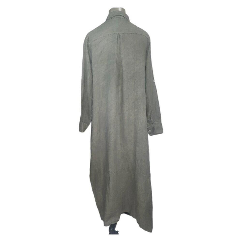 Designer CT1611 Made in Italy Olive Green Linen Long Sleeve Dress M Size M / US 6-8 / IT 42-44 - 5 Thumbnail