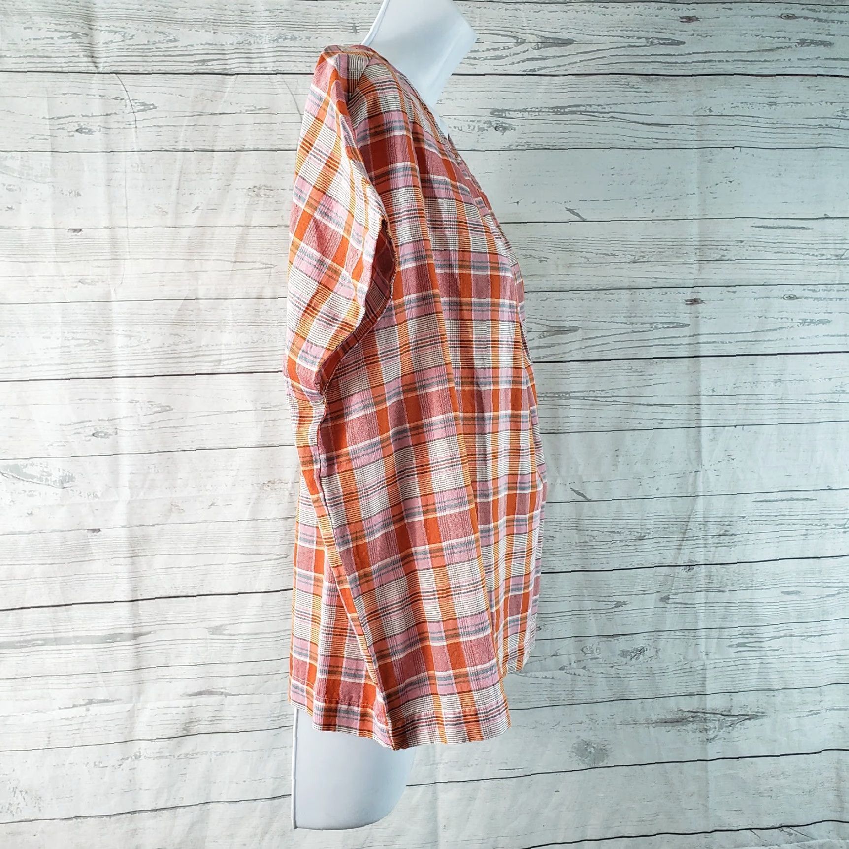 Madewell Madewell Womens Shirt XS Pink Orange Plaid Cotton Shirred Neck Boxy Top Size XS / US 0-2 / IT 36-38 - 3 Thumbnail