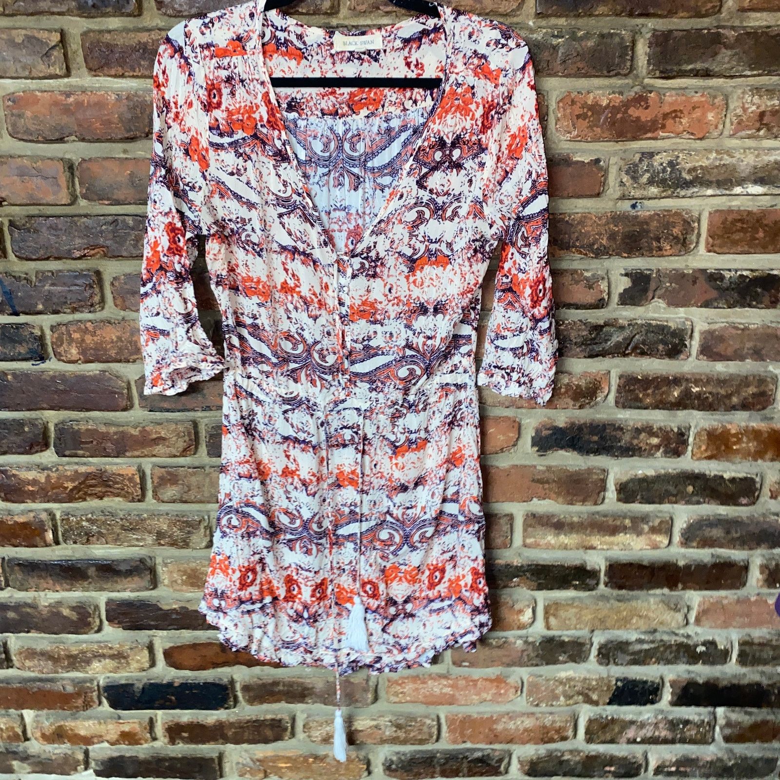 Other Black Swan Print 3/4 Sleeve Mini Tassel Tie Dress Large Size L / US 10 / IT 46 - 1 Thumbnail
