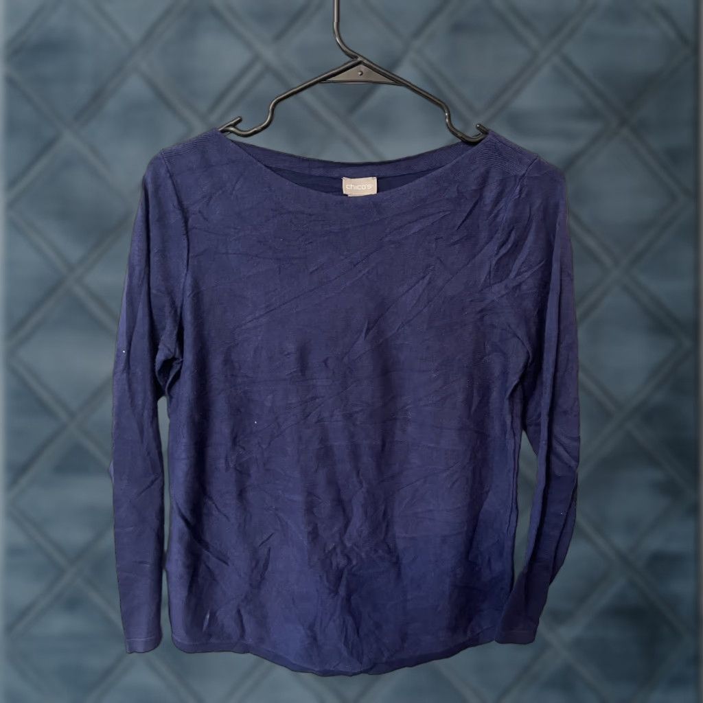 Vintage Chico's Pullover Top Womens 0 Navy Blue Longsleeve Lightweight Sweater Boat Neck Shirt Womens 0X Blue 90s Casual Knit Cotton Pullover Boat Neck Size XL / US 12-14 / IT 48-50 - 1 Thumbnail