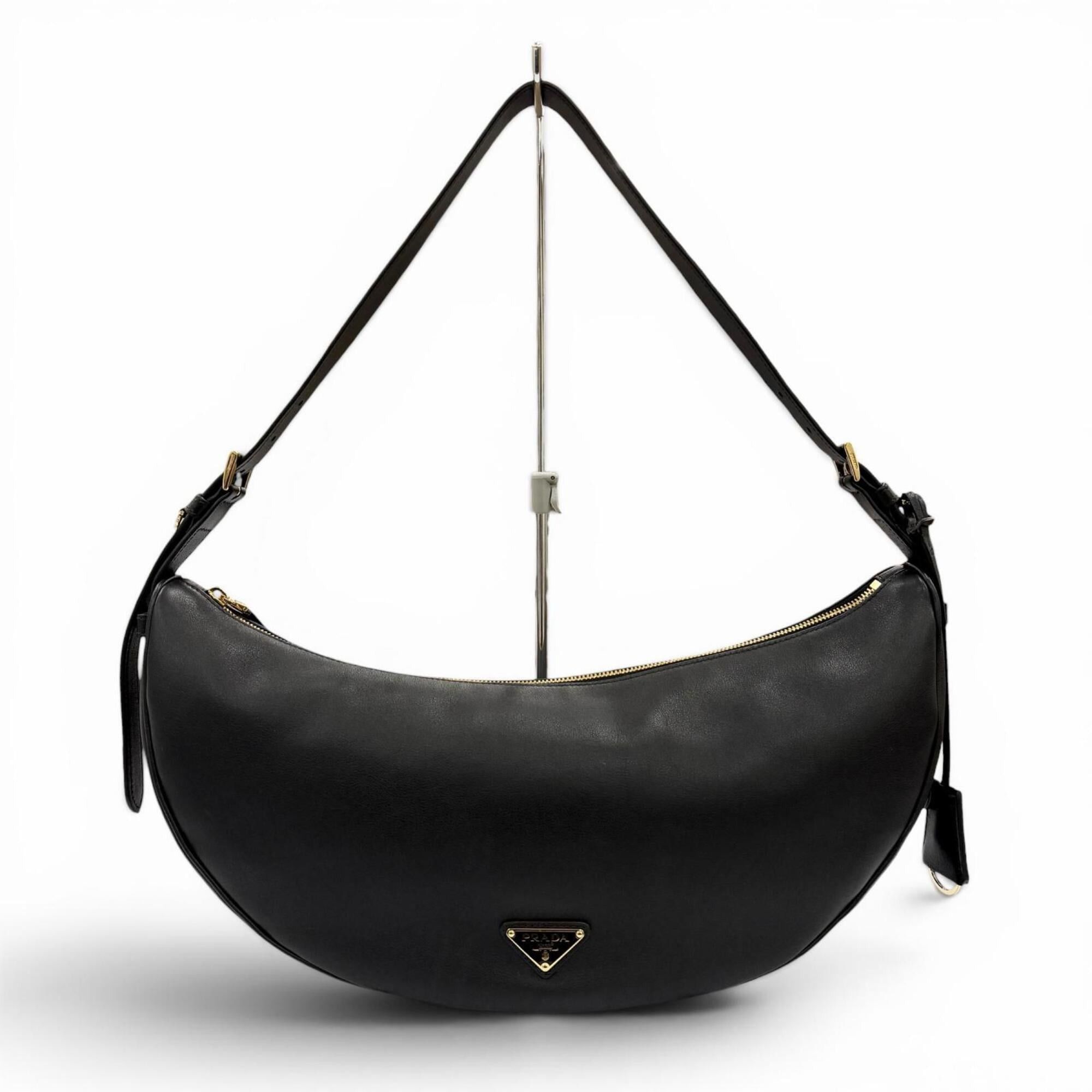 Prada PRADA 1BC255 Demi-Lune Triangle Logo Leather Shoulder Bag, Black, Made in Italy, Women's, with Dust Bag Size ONE SIZE - 1 Thumbnail