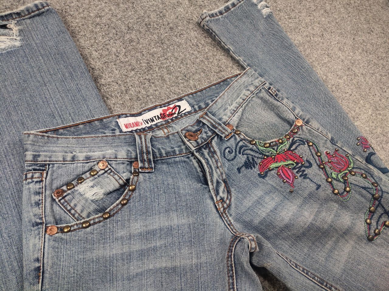 If Six Was Nine Mirame vintage Y2K Style logo Blue Faded denim Flared Jeans Size 31" - 13 Thumbnail