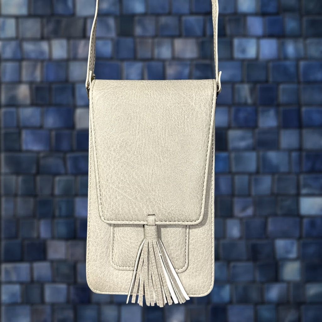 Vintage Crossbody Bag Purse on a String Gray Faux Leather Tassel Magnetic Closure Inner Pockets 4 x 7in Small Women Size ONE SIZE - 1 Thumbnail