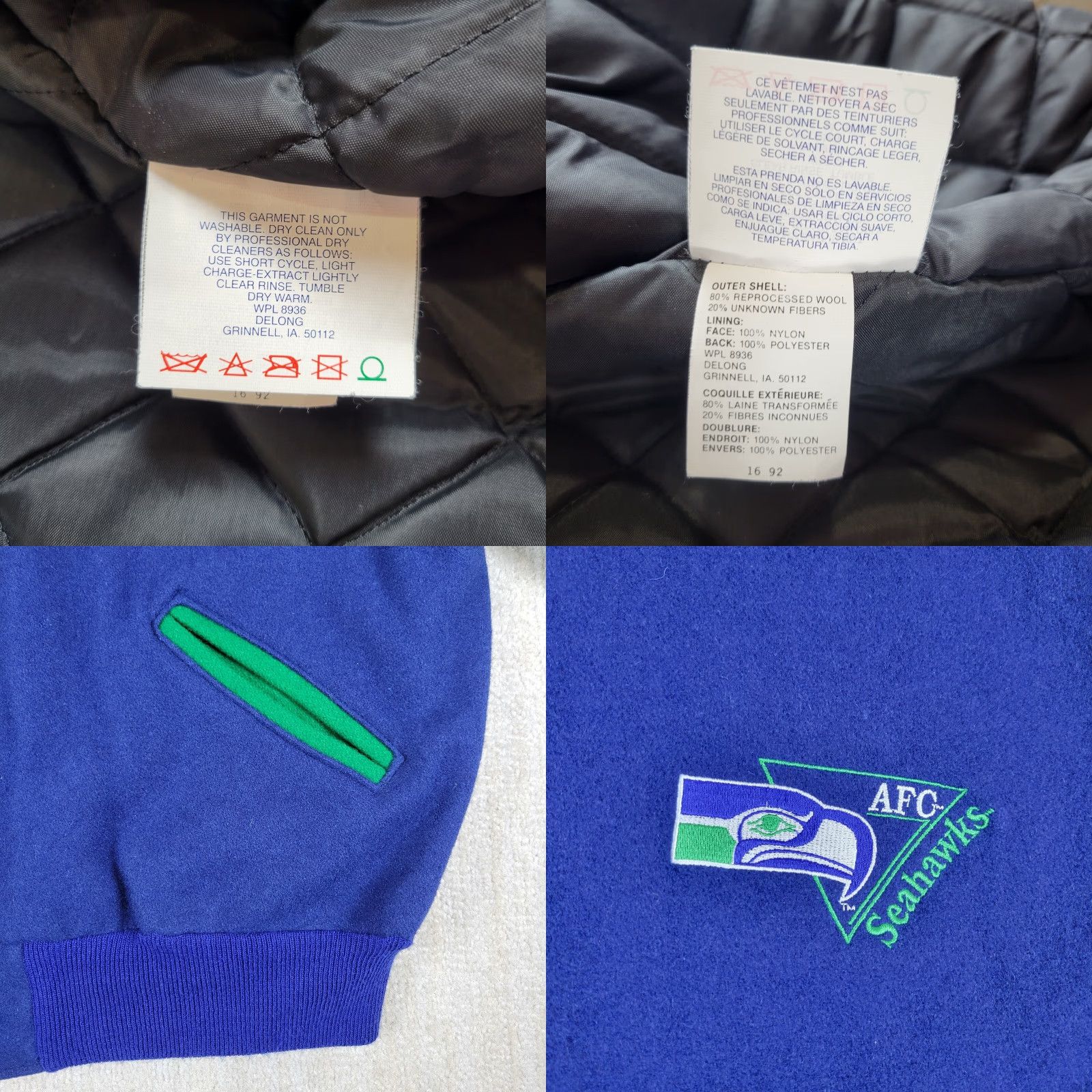 Vintage VINTAGE DeLong Seattle Seahawks Wool Varsity Jacket Mens XL Blue Green Snap USA 70s Size US XL / EU 56 / 4 - 8 Thumbnail