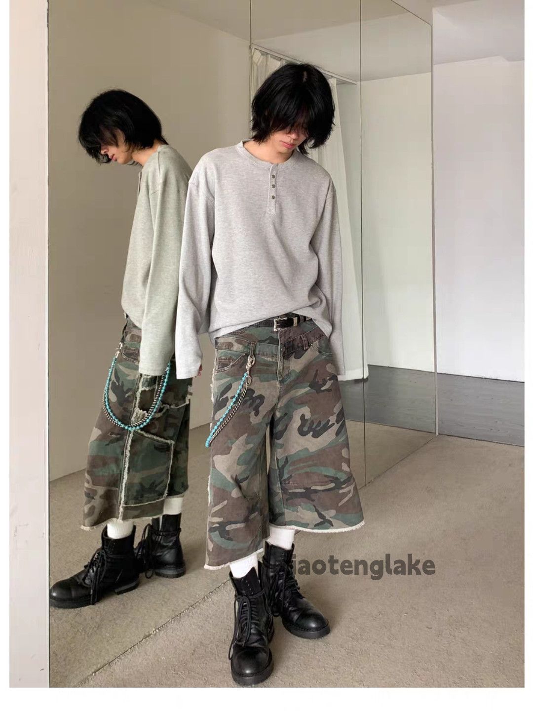 Unisex washed faded loose baggy hiphop camo shorts