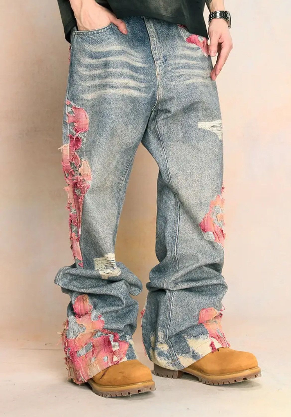 Patchwork Ripped Wide Leg Jeans
