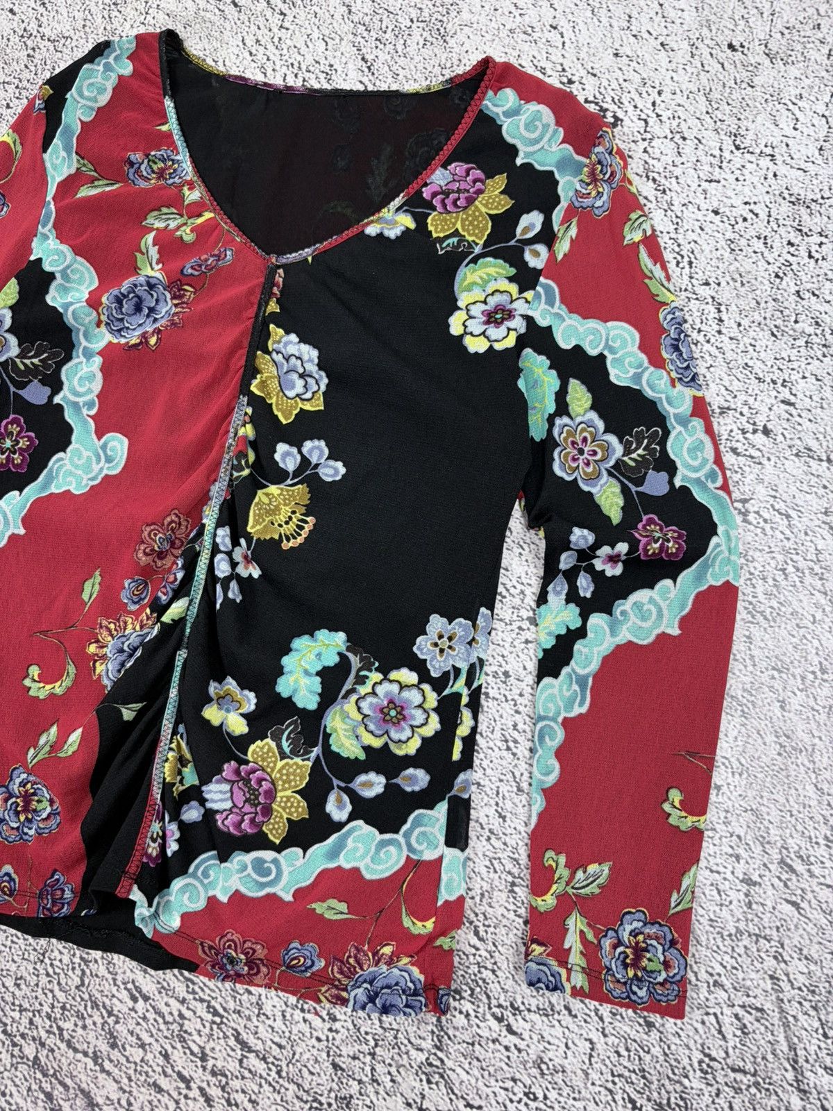 Japanese Brand Vintage Y2K Asymmetric Ruched Floral Mesh Top Japan Size L / US 10 / IT 46 - 3 Thumbnail
